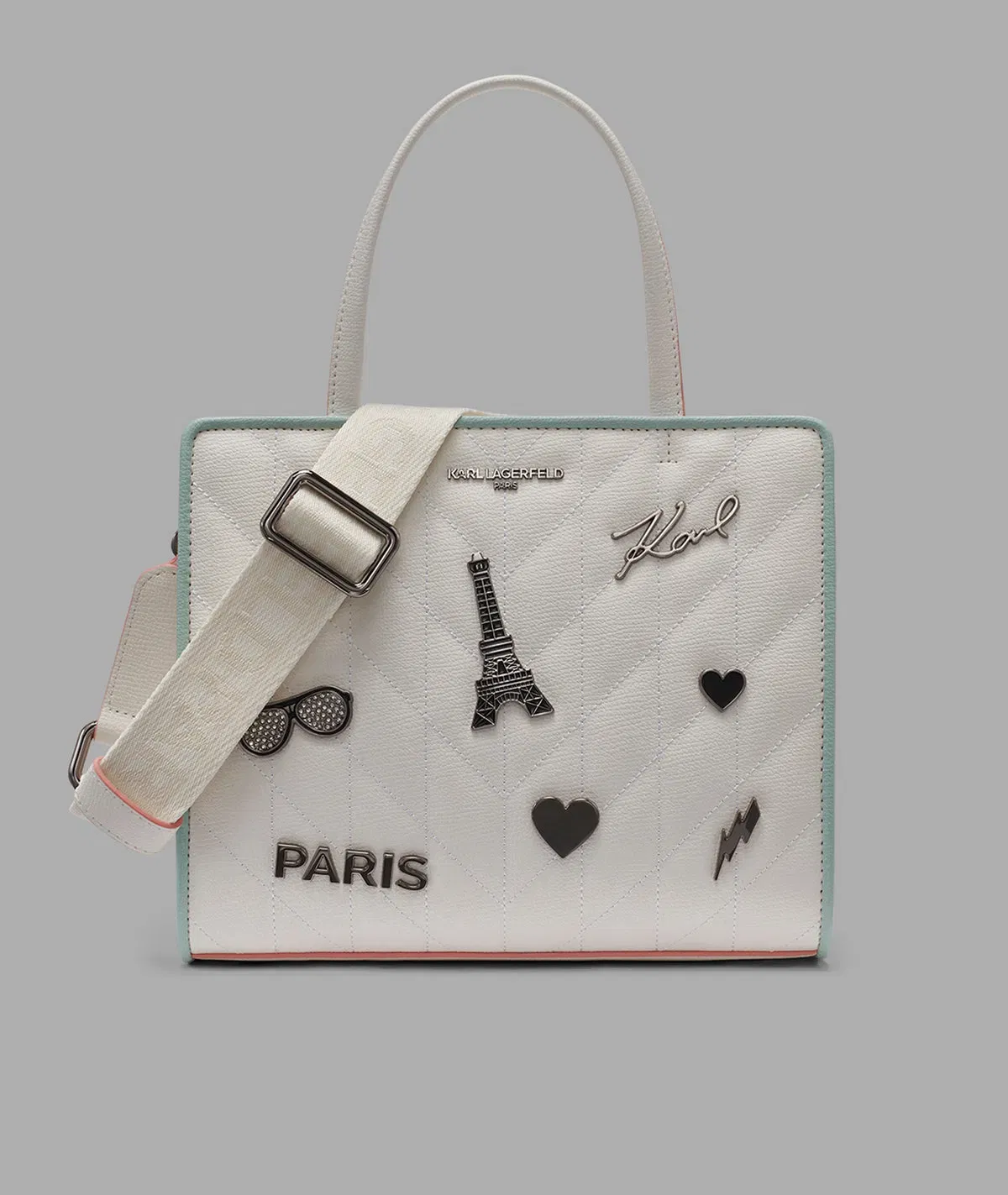 KarlLagerfeld Maybelle satchel with pins and contrast trim winter white/silver