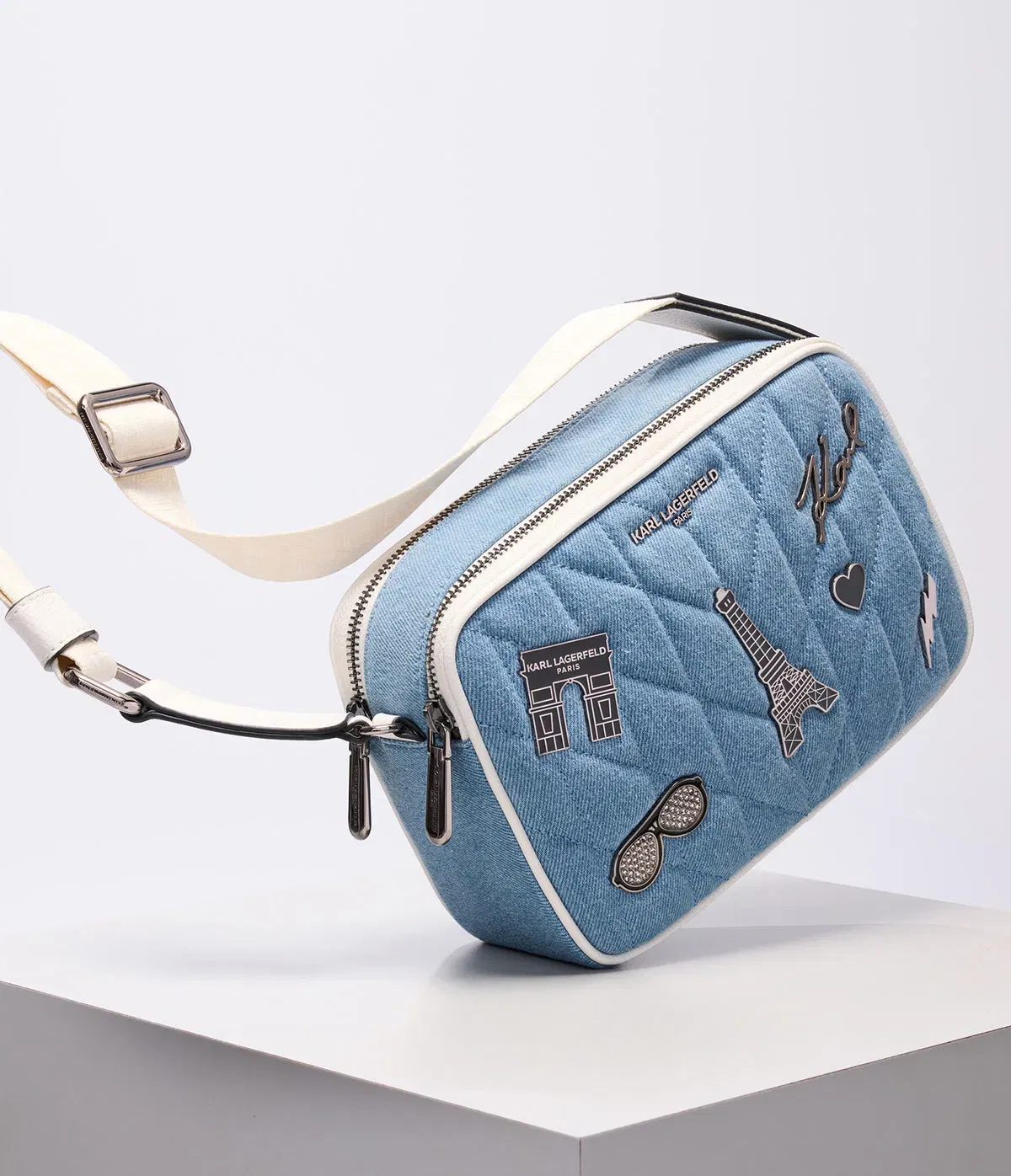 KarlLagerfeld Maybelle denim crossbody with paris pins light denim