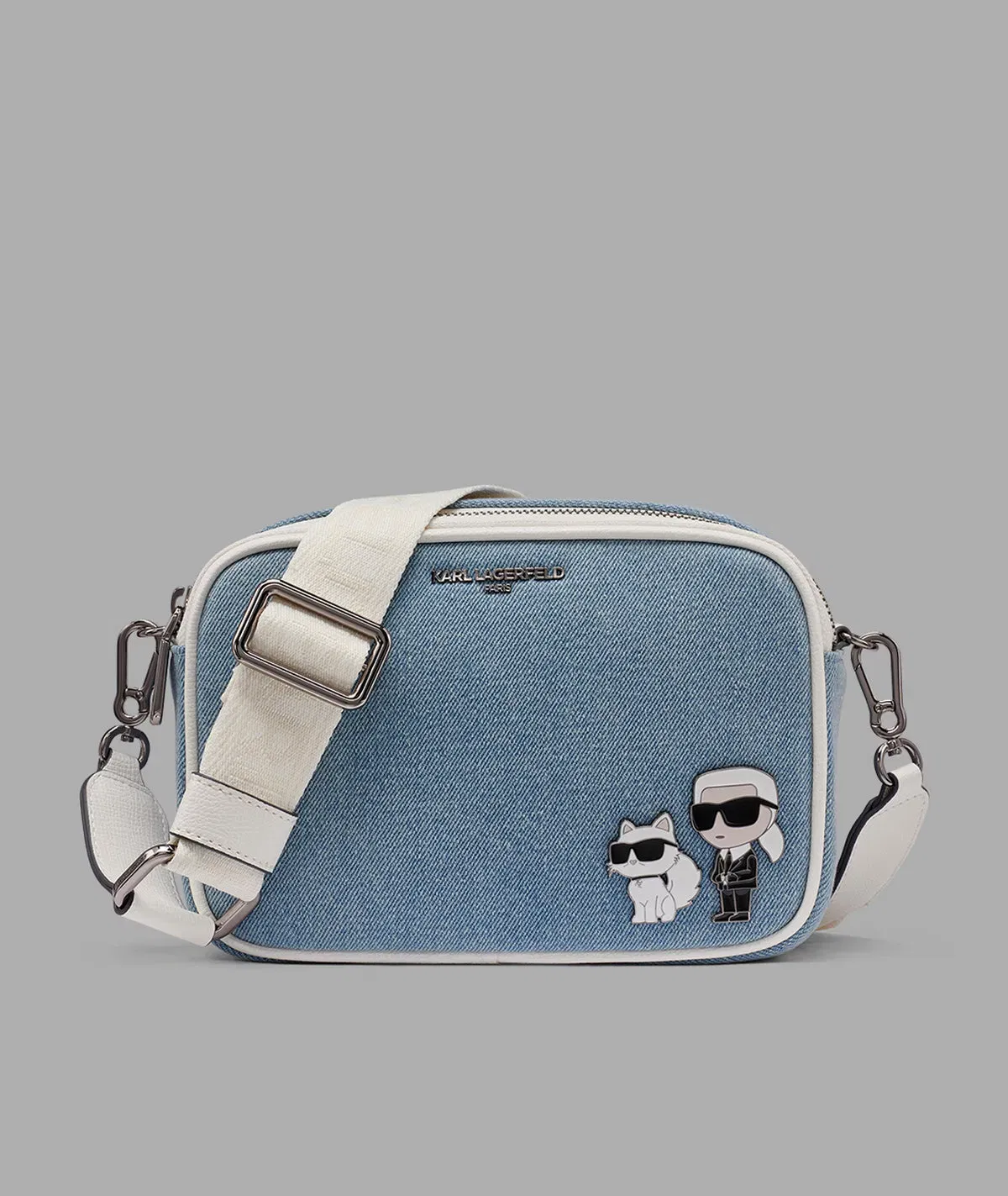 KarlLagerfeld Maybelle denim crossbody with duo pin light denim