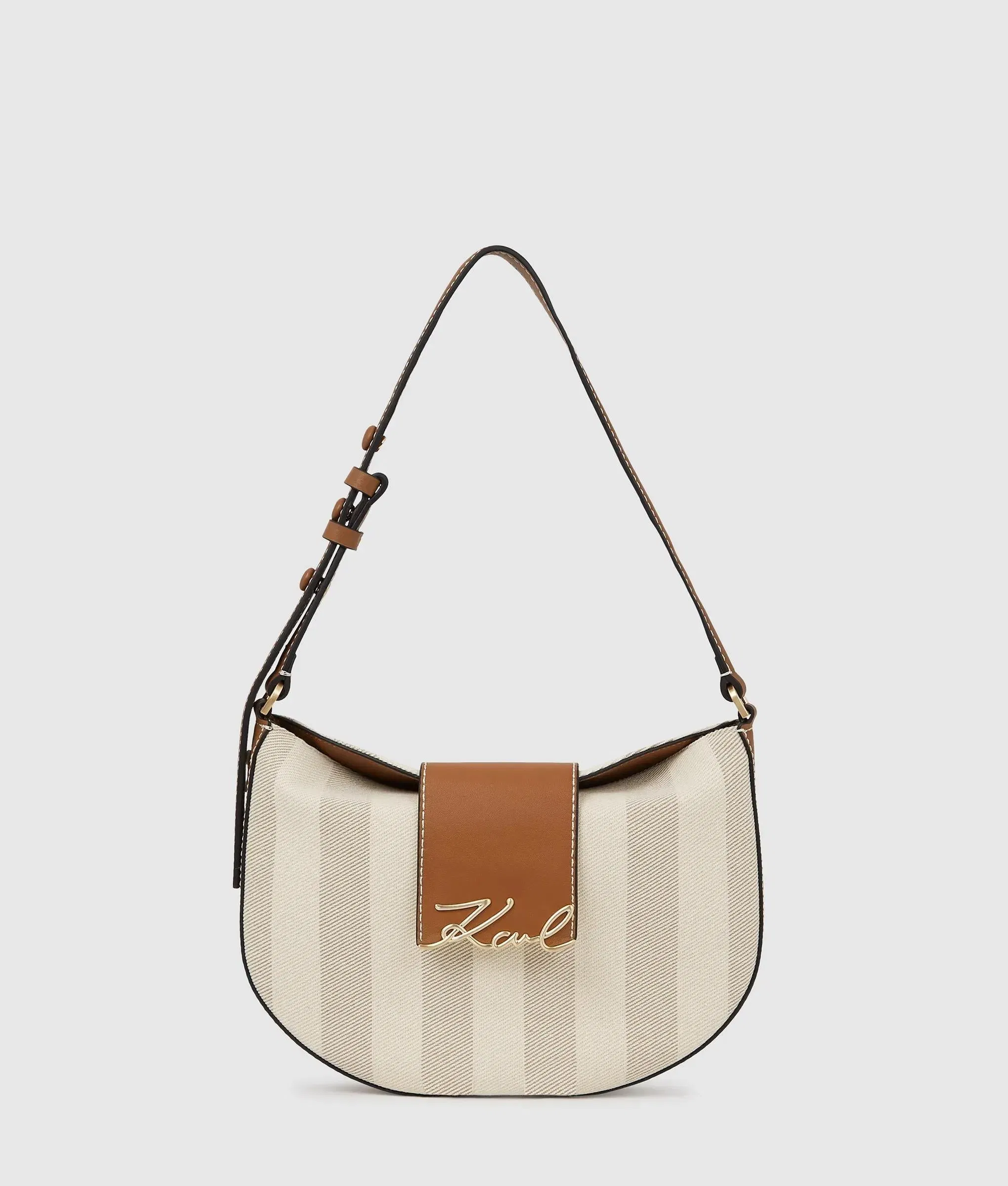 KarlLagerfeld Ksignature Striped Shoulder Bag Natural Canvas Tan