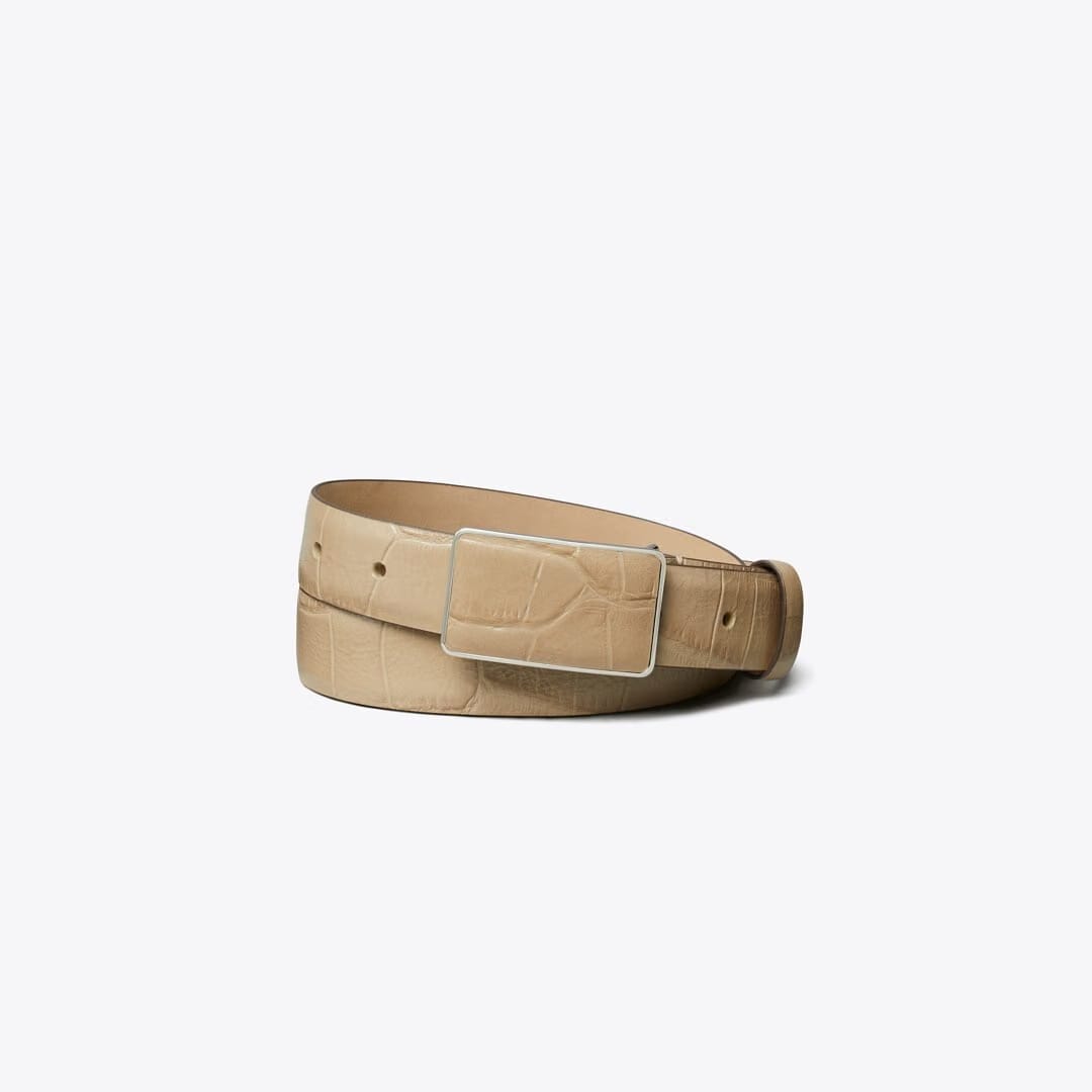Tory Burch Plate Croc Embossed Belt Light Hickory