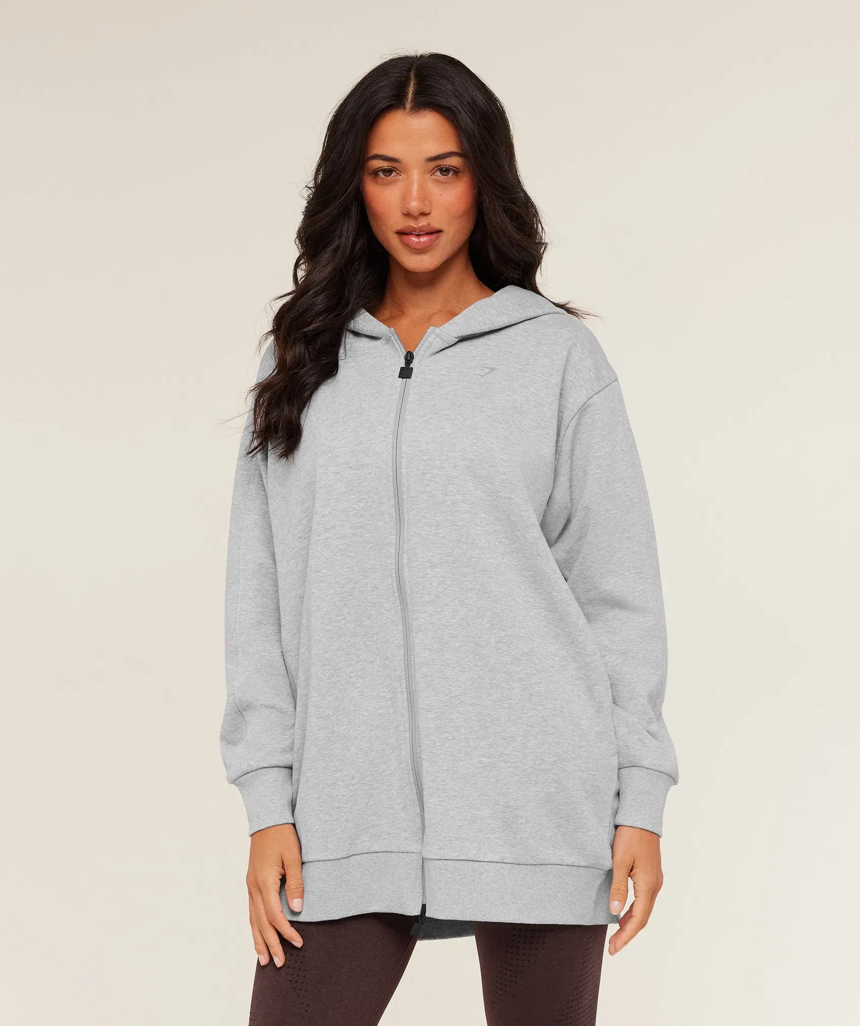 Women's Gymshark Covered Longline Zip Up Hoodie Light Grey Core Marl
