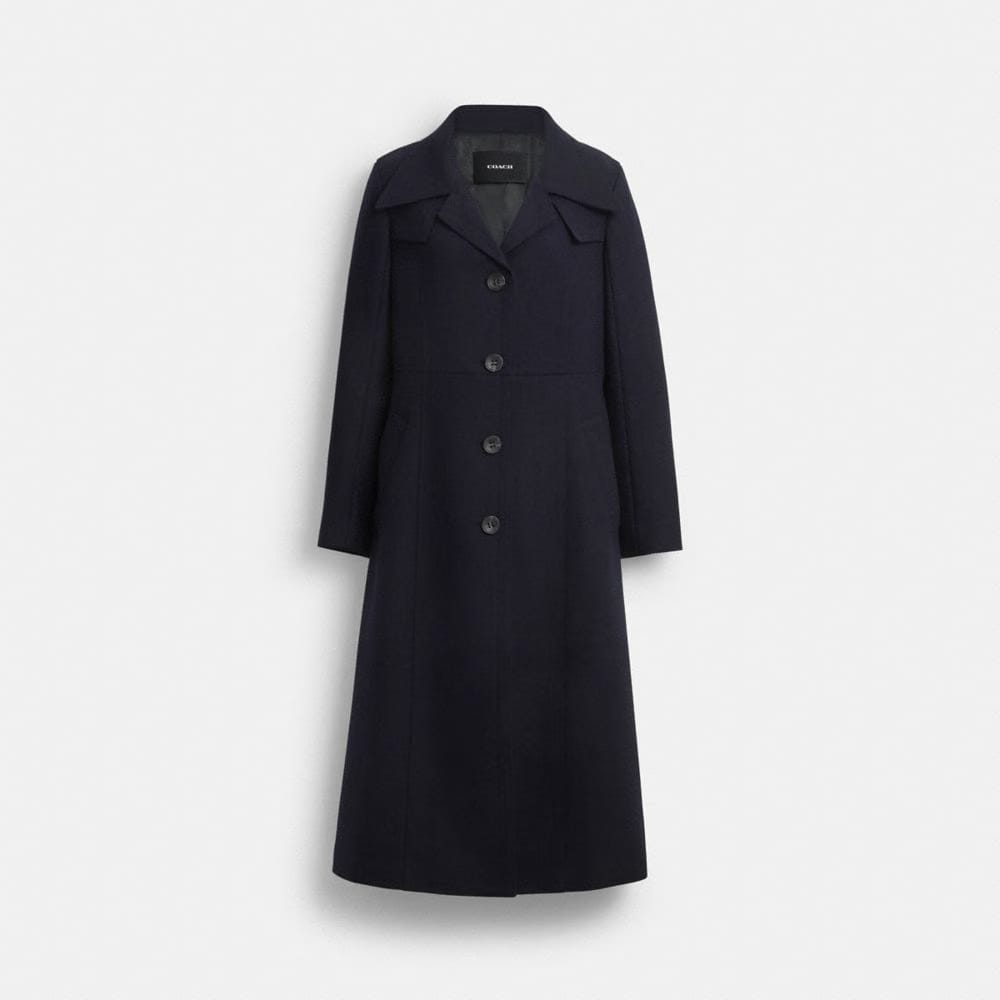 Coach Long Wool Trench Coat Navy Blue