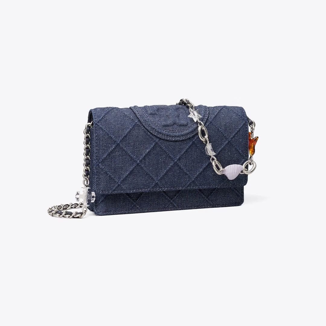 Tory Burch Fleming Denim Charm Chain Crossbody Blue
