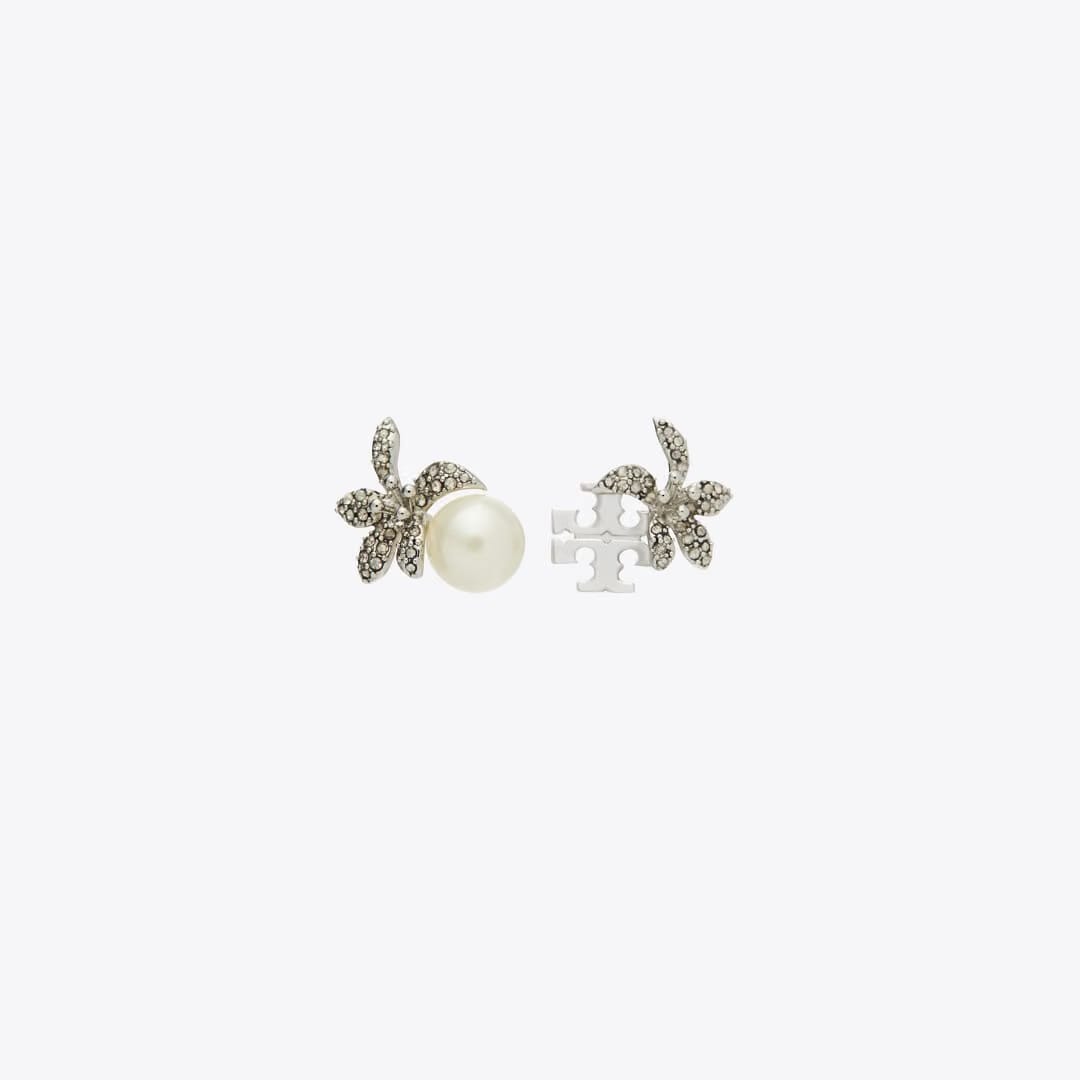 Tory Burch Moondance Pearl and Flower Stud Earrings Tory Silver / Pearl / Crystal