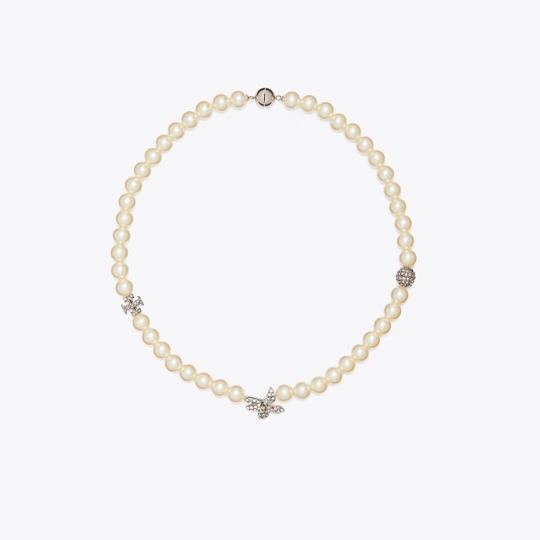 Tory Burch Moondance Pav Flower Pearl Necklace Tory Silver / Pearl / Crystal