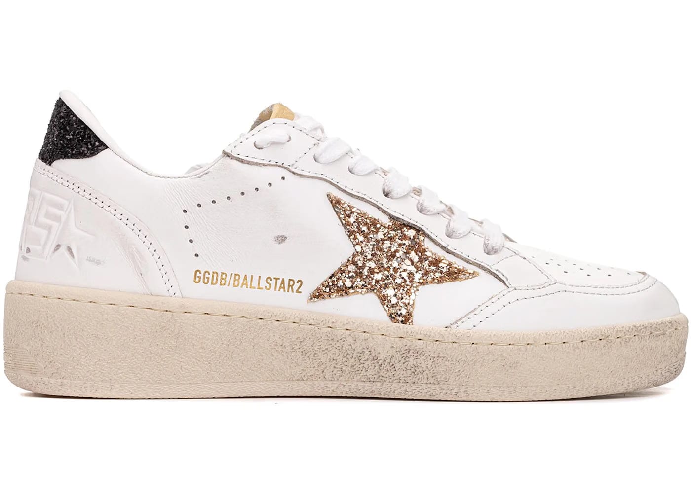 Golden Goose Ball-Star White Gold Glitter Star Black Womens