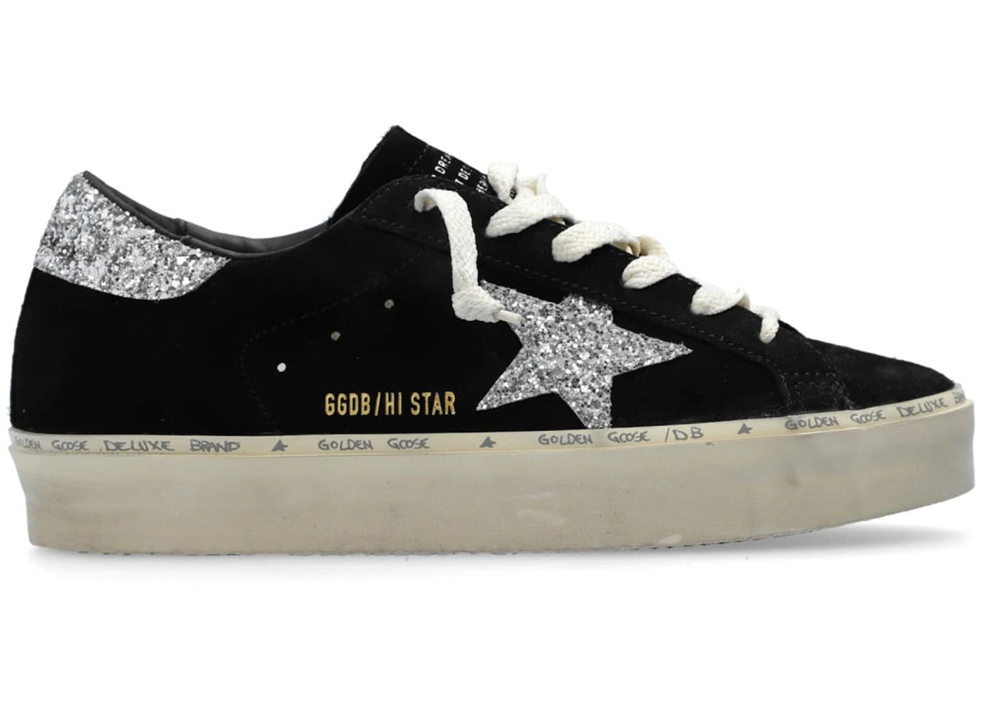 Golden Goose Hi Star Suede Black Silver Glitter Womens