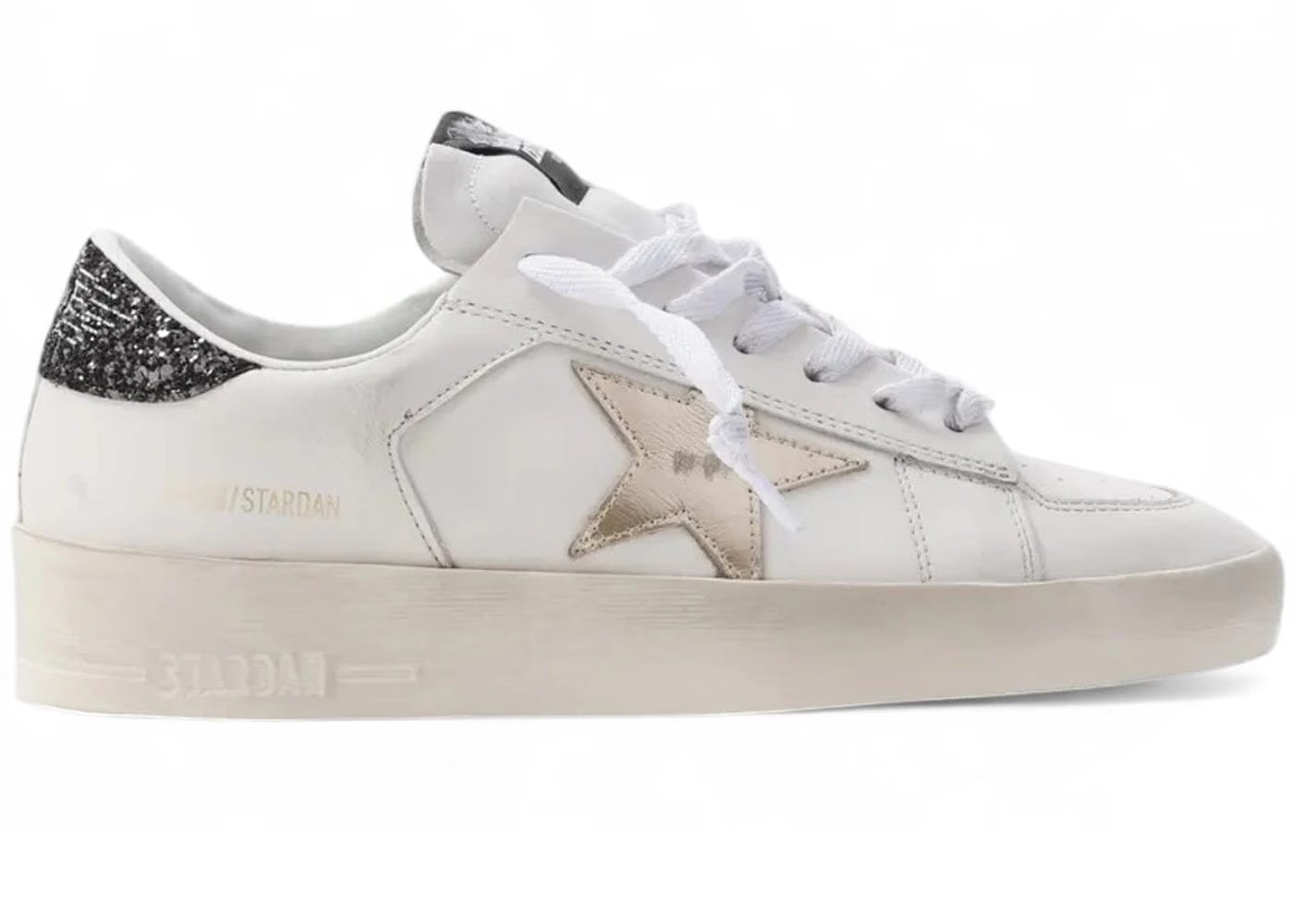 Golden Goose Stardan White Gold Black Glitter Heel Womens
