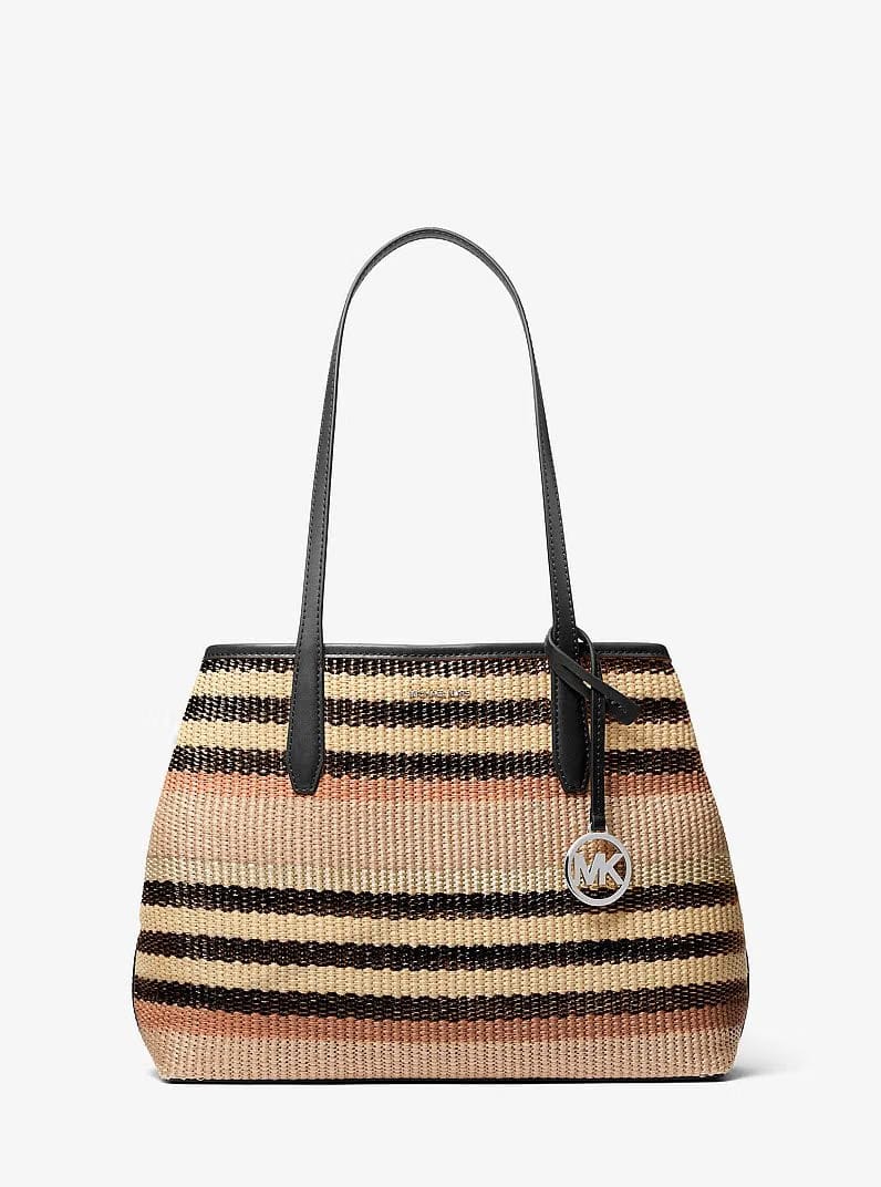 Michael Kors Avalon Medium Striped Woven Tote Bag Black