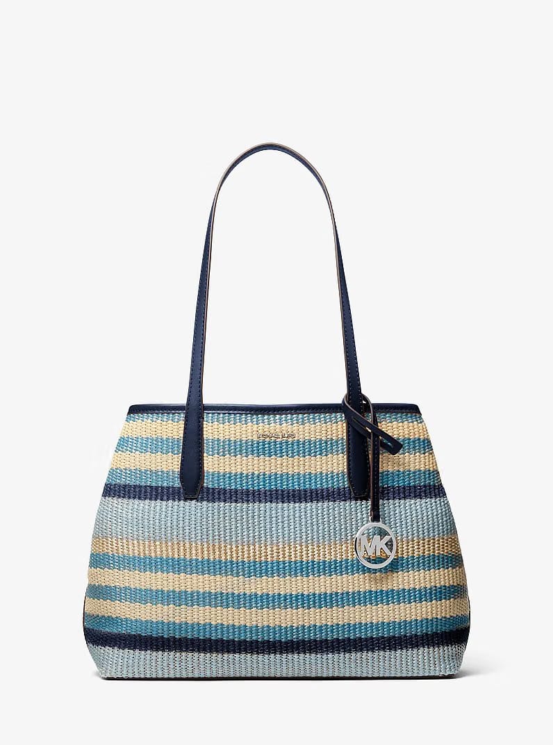 Michael Kors Avalon Medium Striped Woven Tote Bag Navy