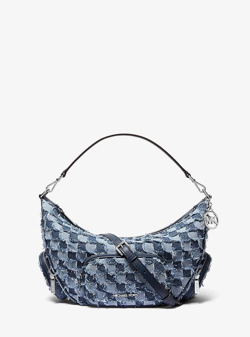 Michael Kors Merritt Medium Patchwork Denim Convertible Shoulder Bag Washed Denim