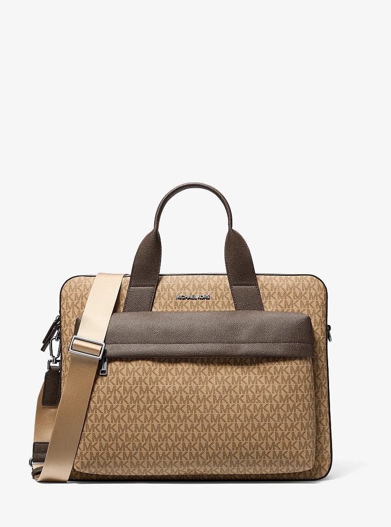 Michael Kors Pacey Medium Signature Logo Pocket Briefcase Camel