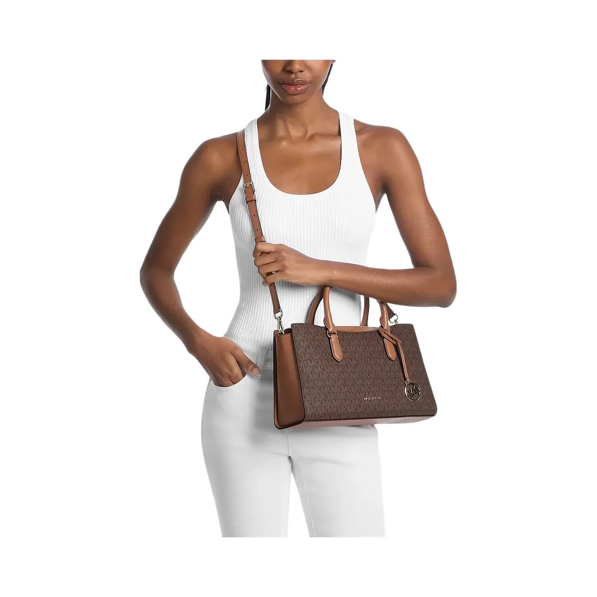 Michael Kors Arden Medium Signature Logo Top - Zip Satchel Brown