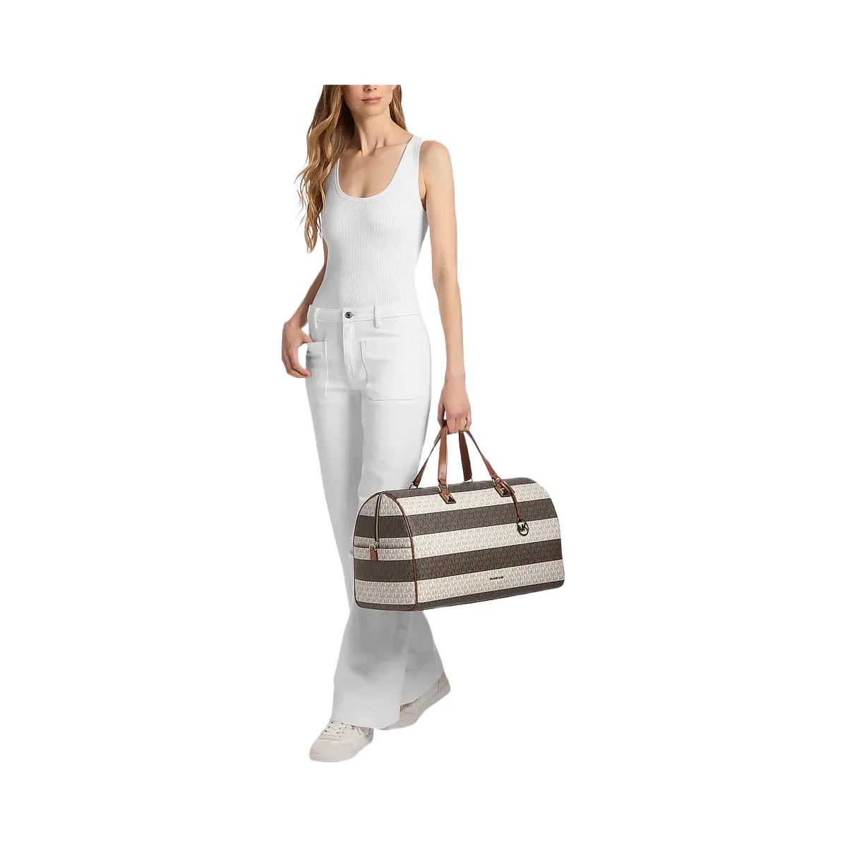Michael Kors Grayson Extra - Large Striped Signature Logo Weekender Bag Vanilla - Luggage
