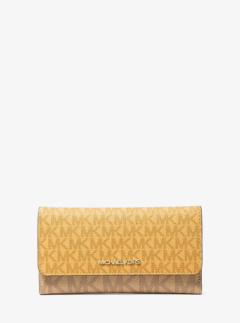 Michael Kors Jet Set Large Signature Logo Tri - Fold Wallet Honeywheat Multi