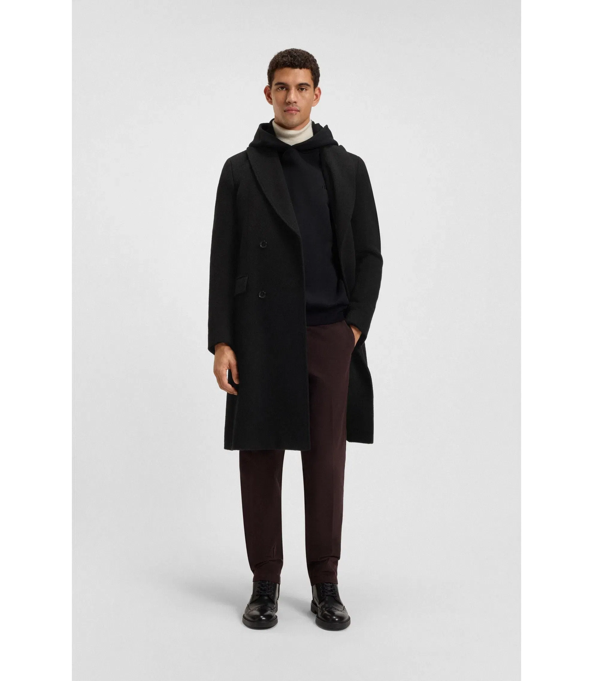 Boss Alpaca Blend Coat With Double Breasted Front Black