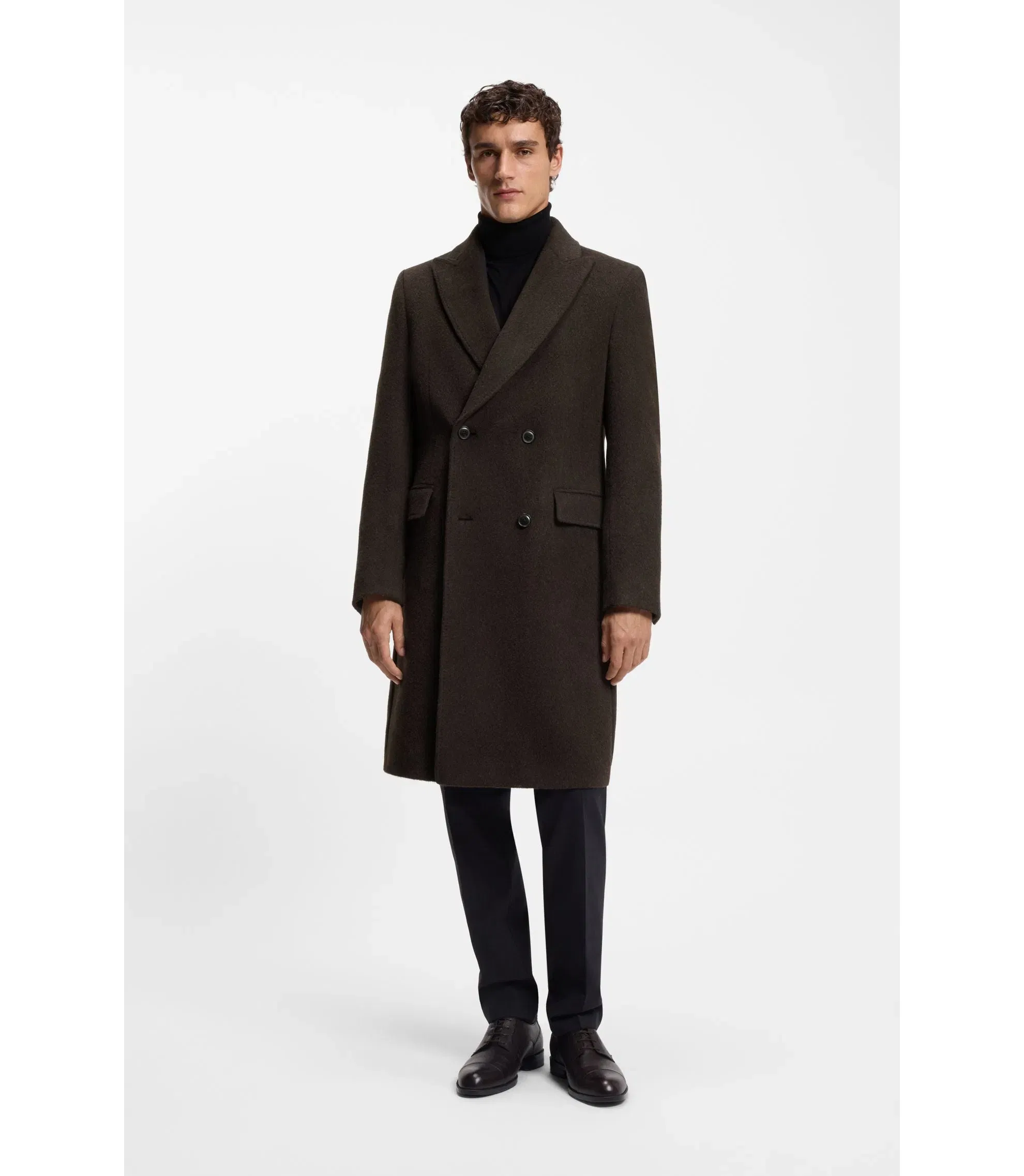 Boss Alpaca Blend Coat With Double Breasted Front Dark Brown