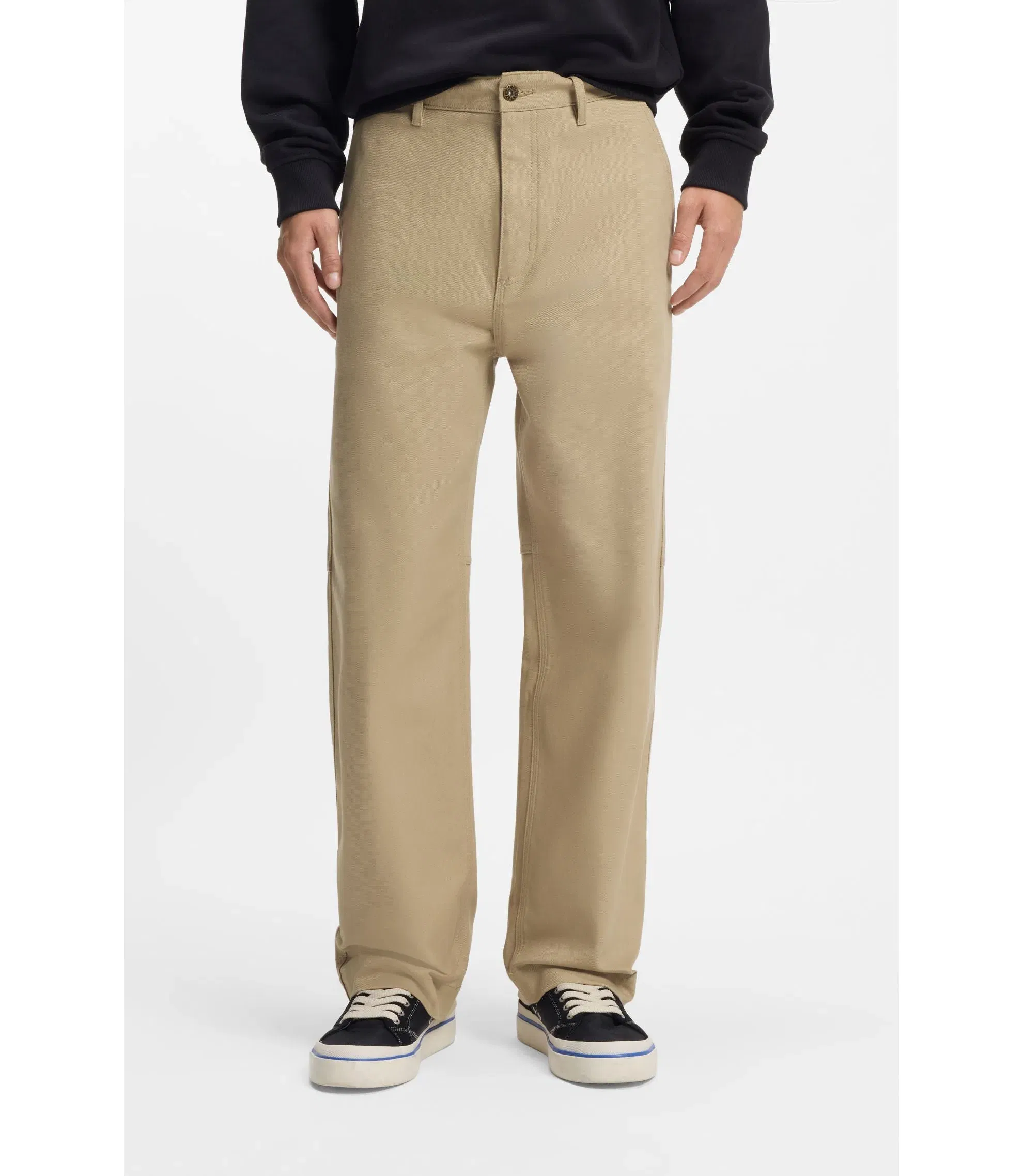 Hugo Baggy Fit Trousers In Stretch Cotton Canvas Beige