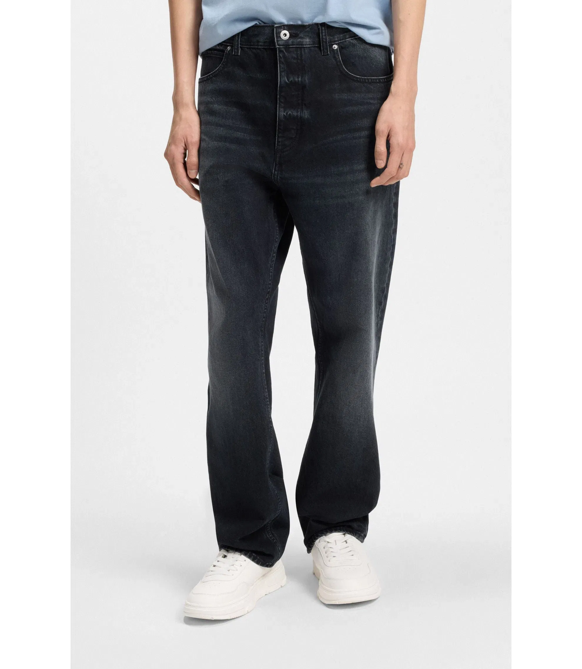 Hugo Blue Black Baggy Fit Jeans In Rigid Denim Dark Blue