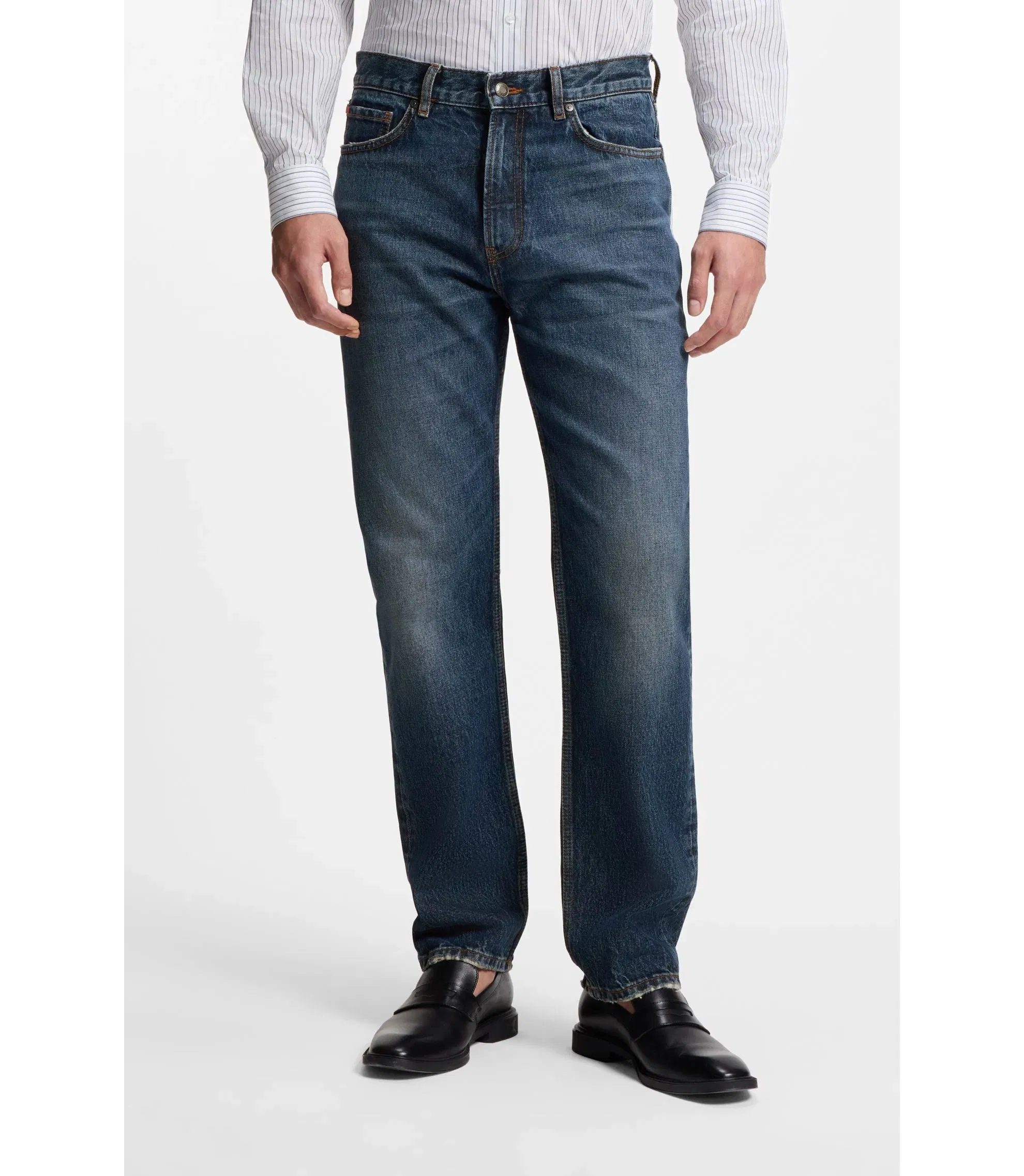 Hugo Blue Regular Fit Jeans In Vintage Wash Denim Dark Blue