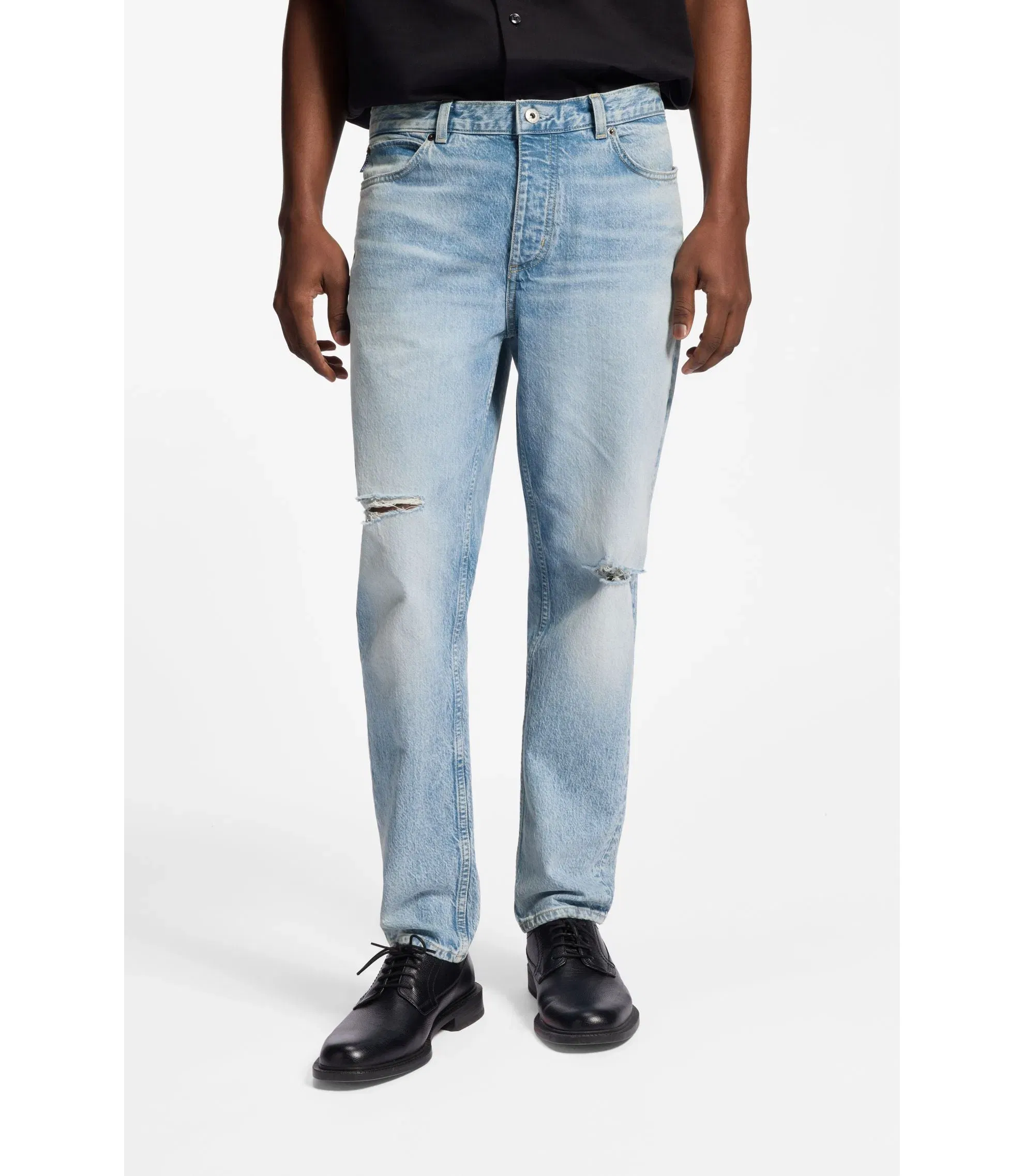Hugo Blue Tapered Fit Jeans In Distressed Denim Turquoise