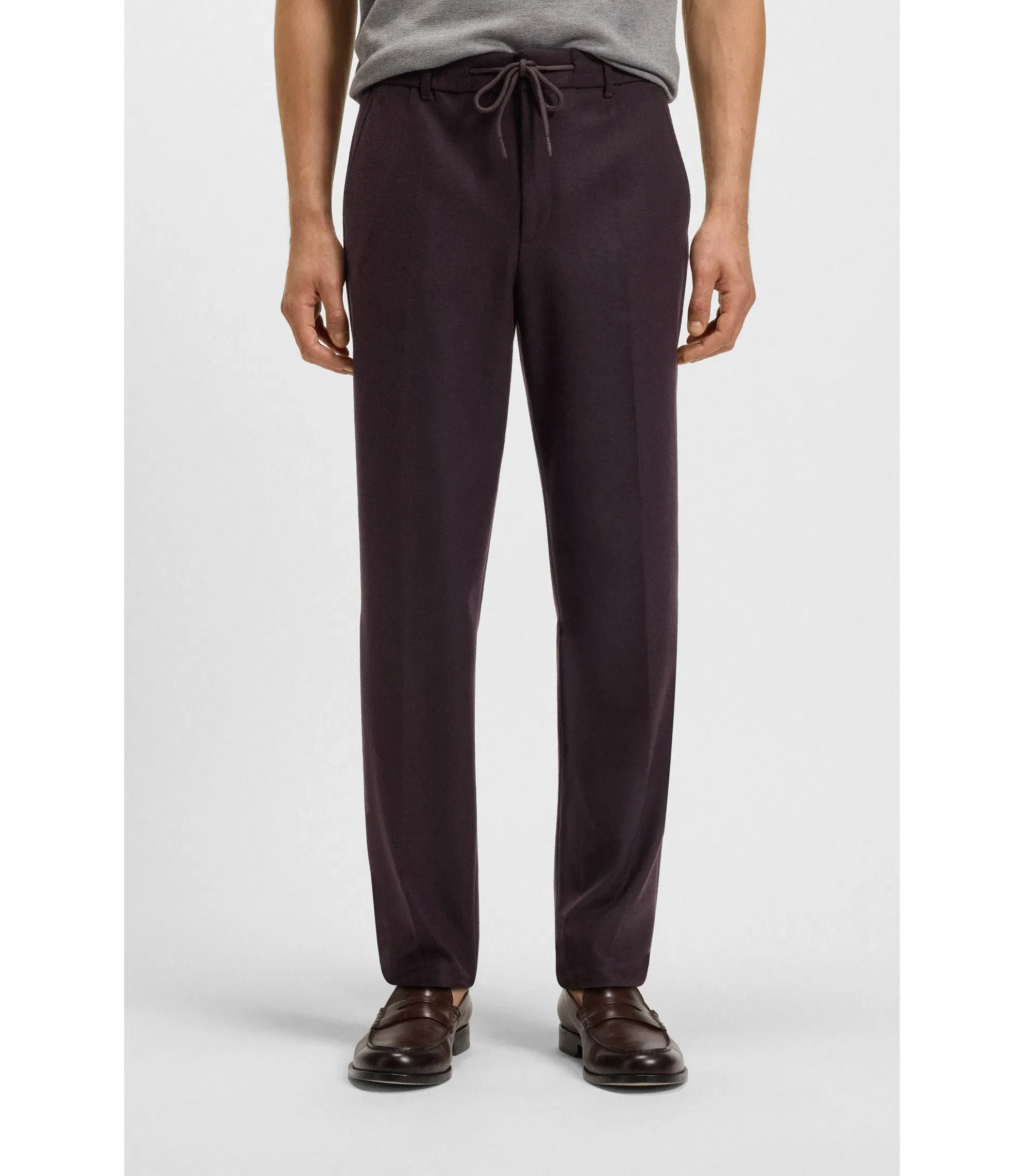 Boss Brushed Tapered Fit Trousers In Stretch Flannel Dark Red