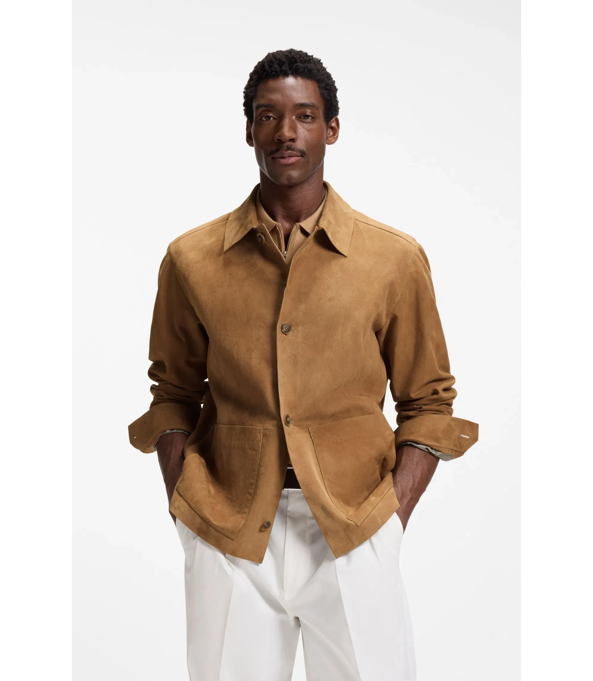 Boss Button Up Suede Jacket With Checkered Lining Beige