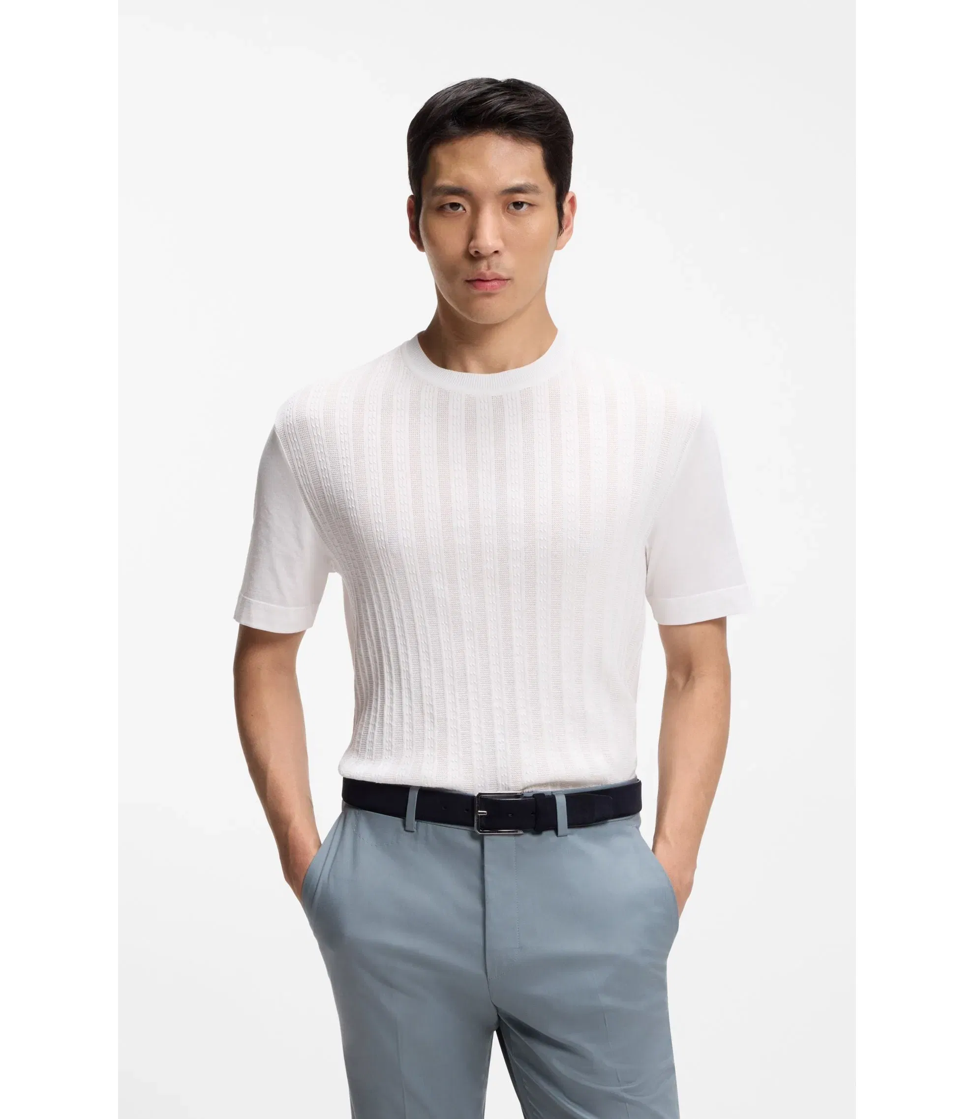 Boss Cable Knit T-Shirt In Cotton And Silk White