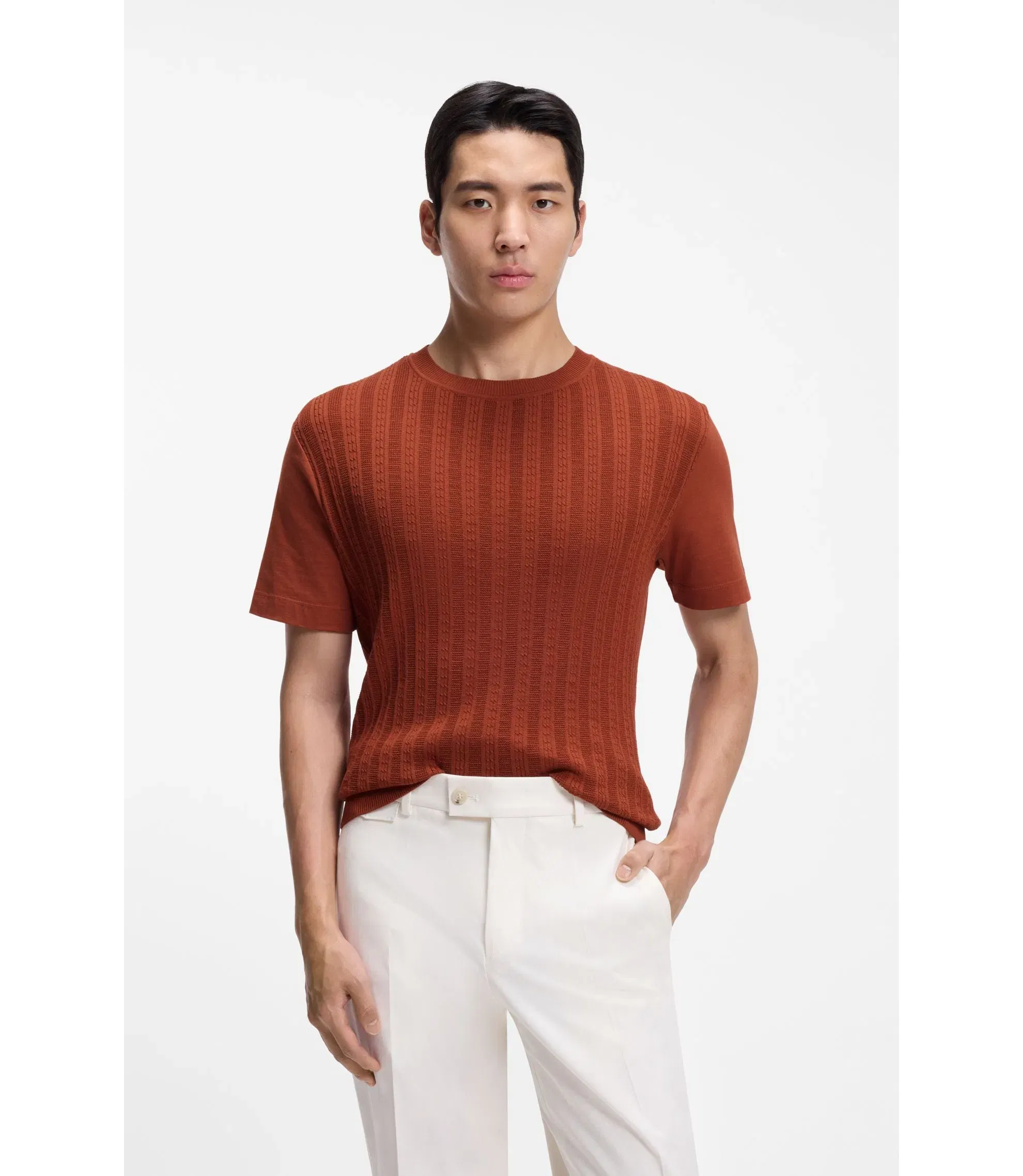 Boss Cable Knit T-Shirt In Cotton And Silk Brown