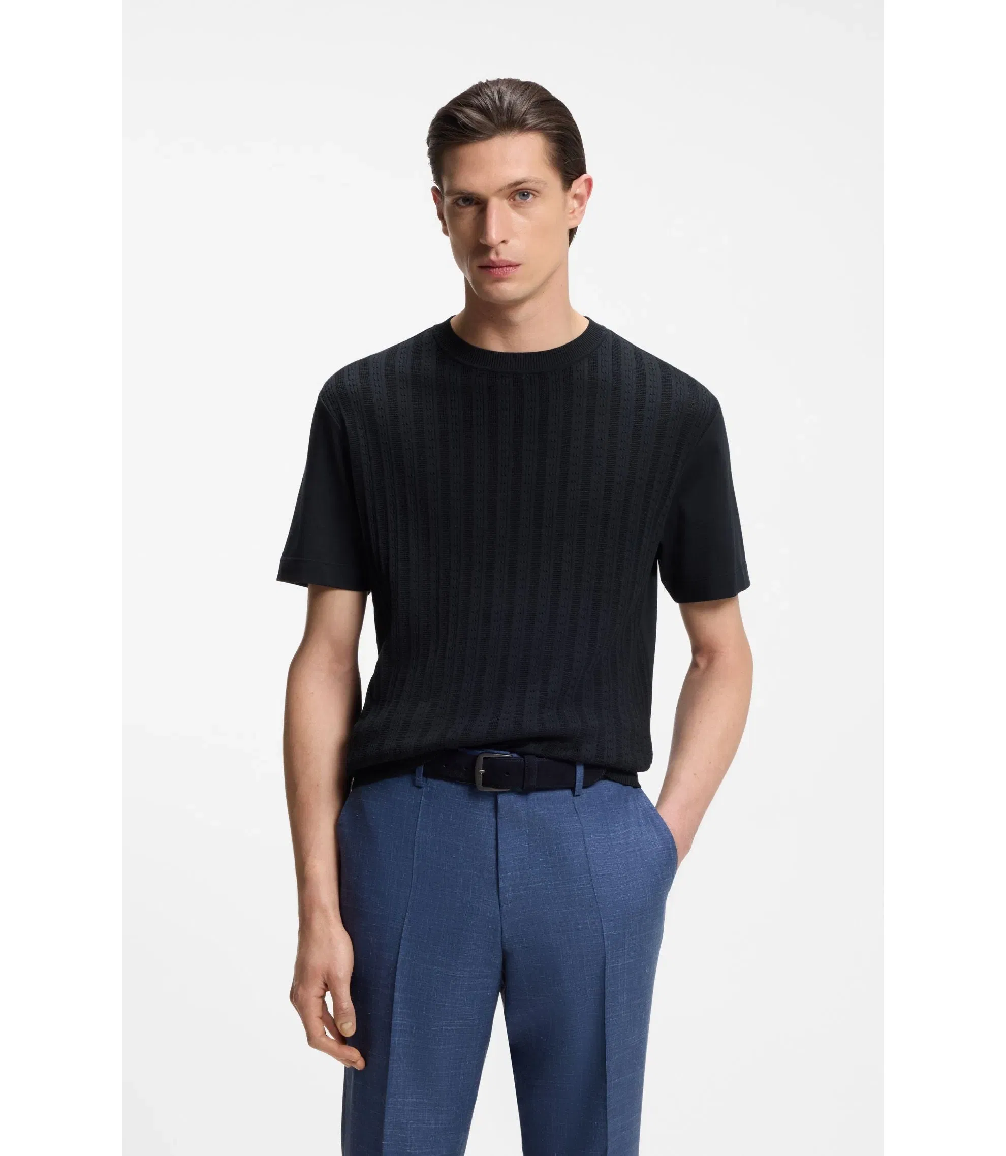Boss Cable Knit T-Shirt In Cotton And Silk Dark Blue