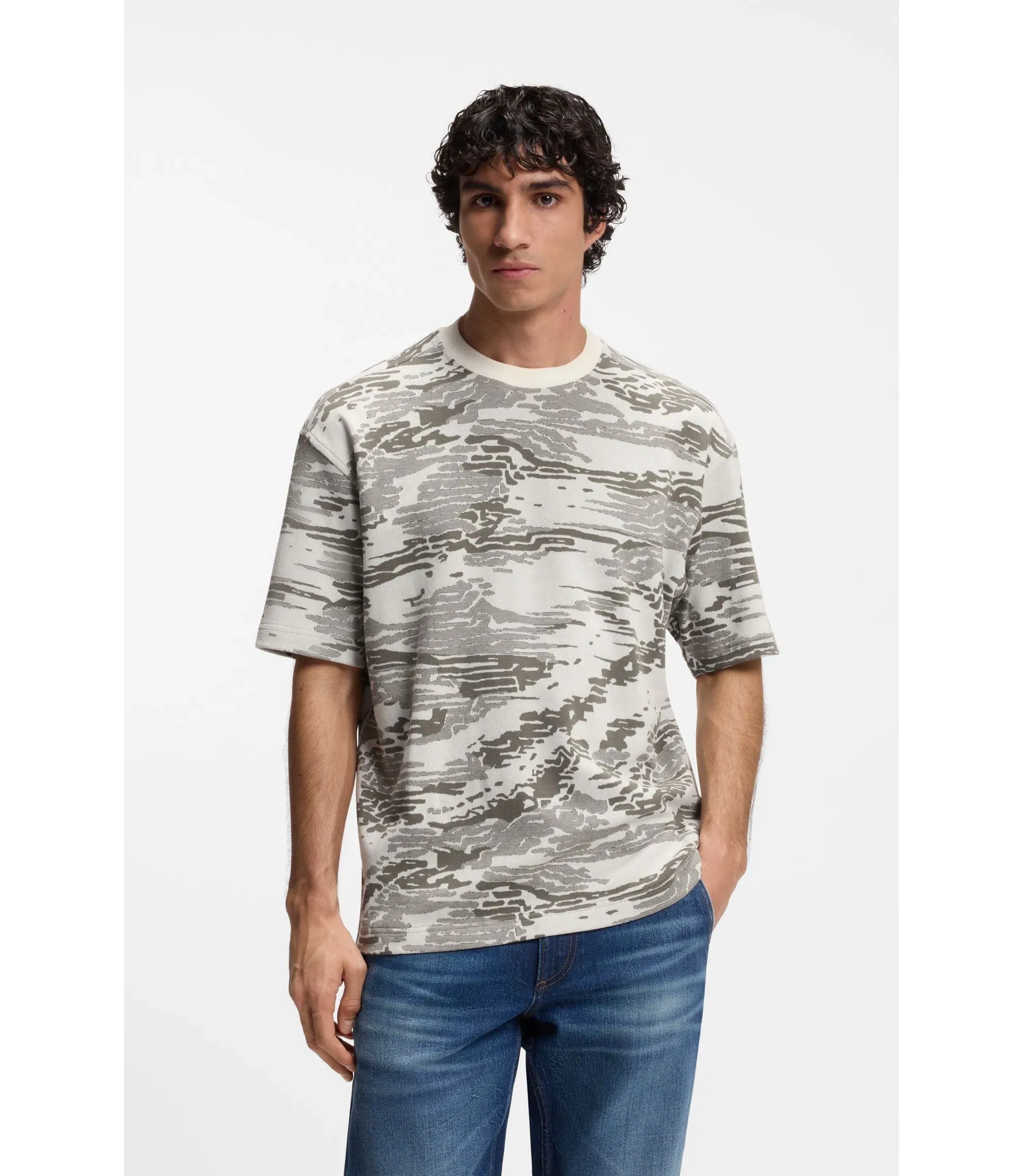 Boss Camouflage Jacquard T-Shirt In Cotton White