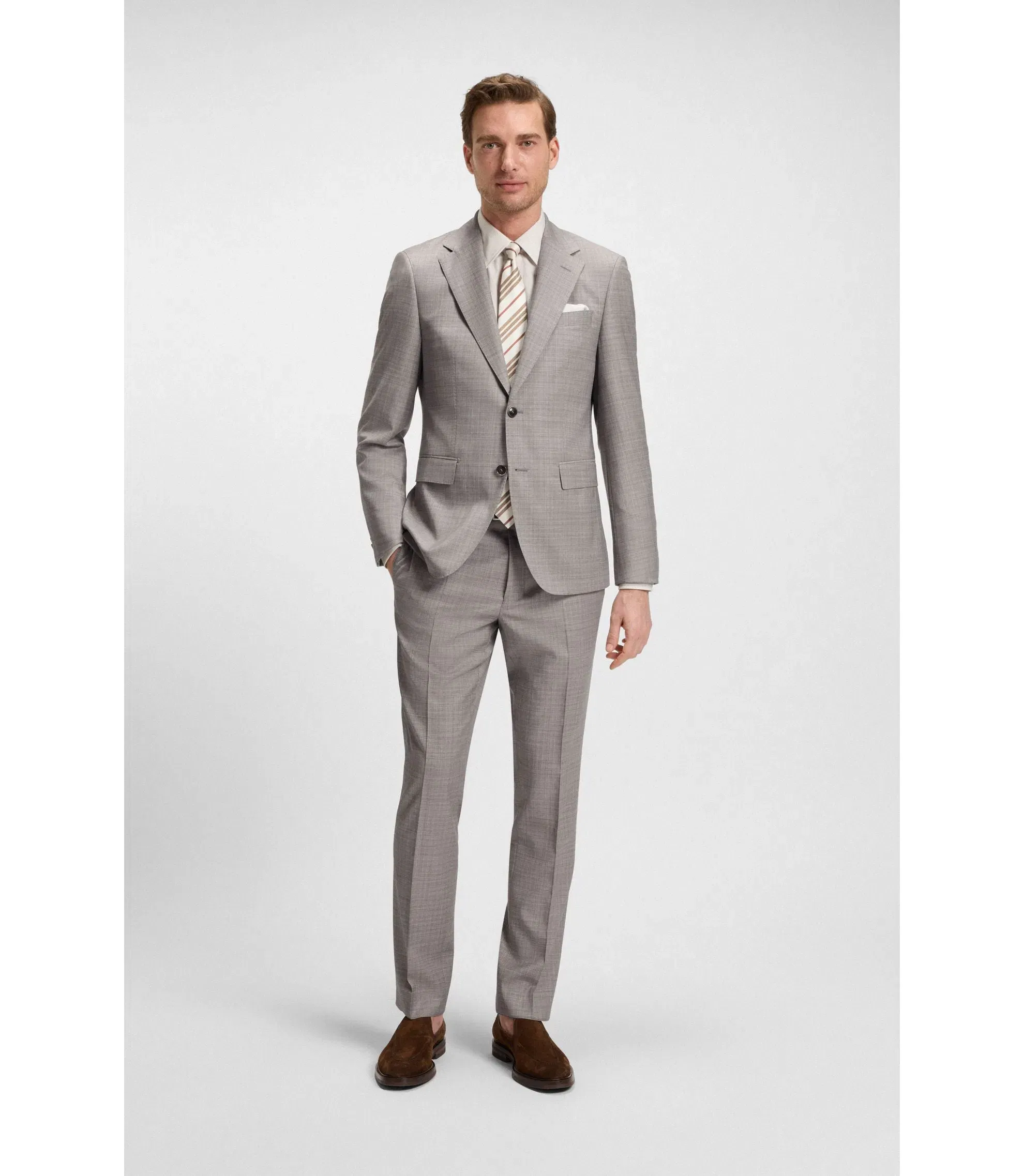 Boss Checked Regular Fit Suit In Virgin Wool Grey