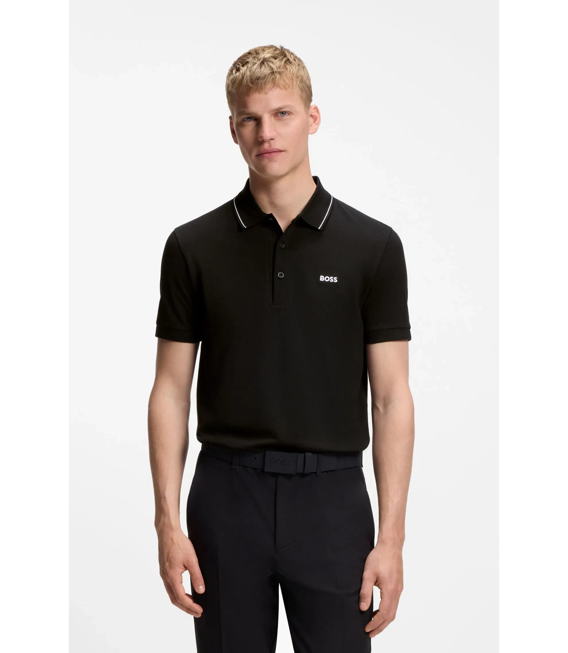 Boss Cotton Piqu Slim Fit Polo Shirt With A Collar Stripe Black