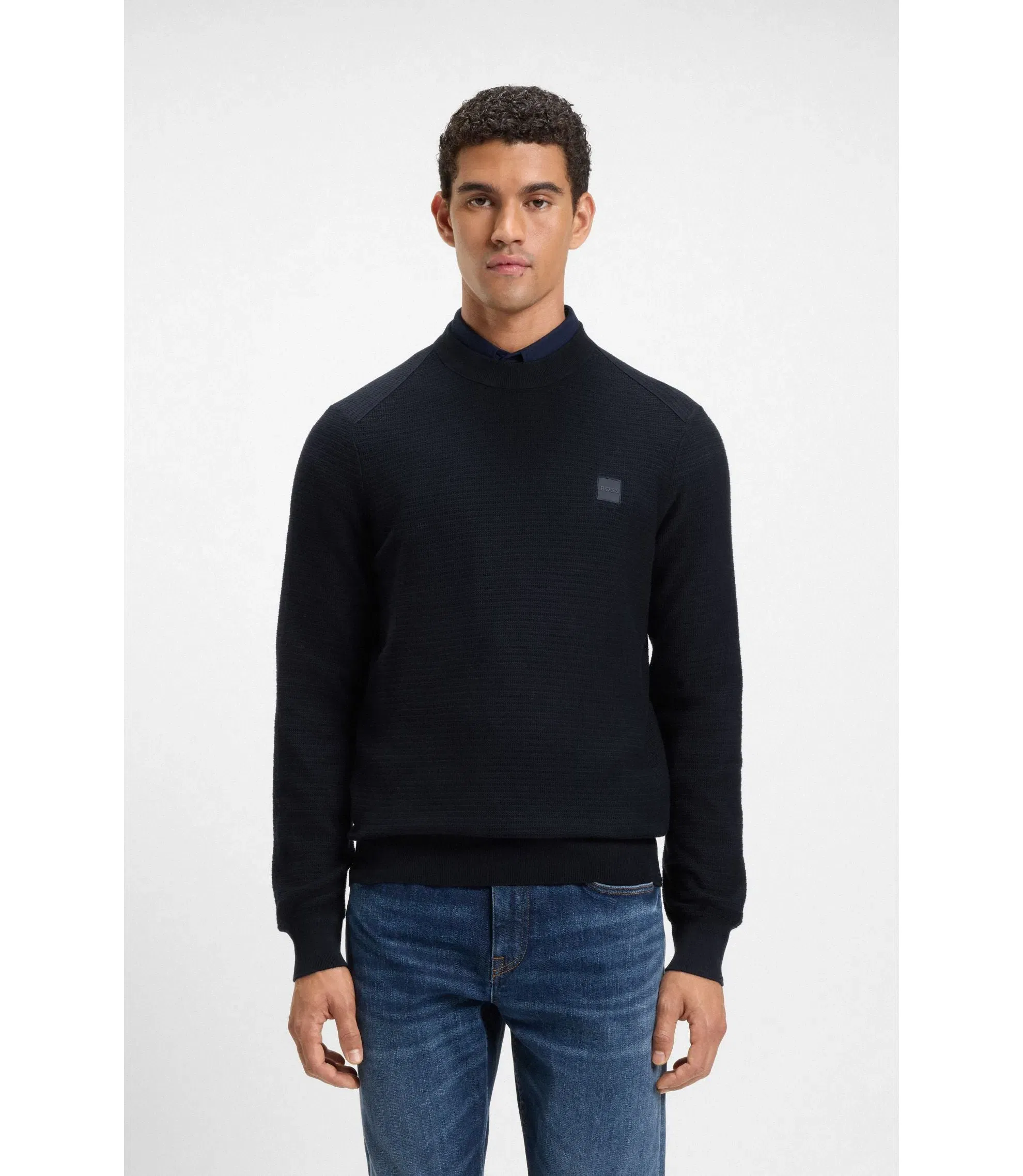 Boss Cotton Piqu Sweater With Logo Patch Dark Blue