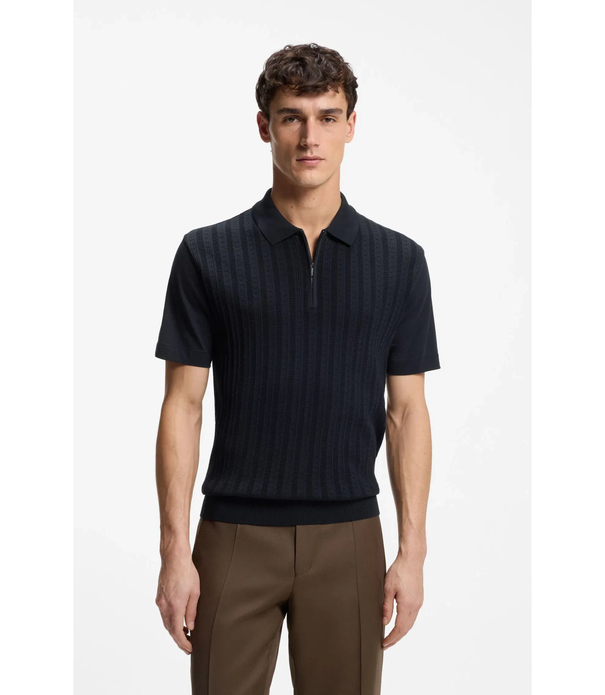Boss Cotton Silk Polo Shirt With Zip Neck Dark Blue