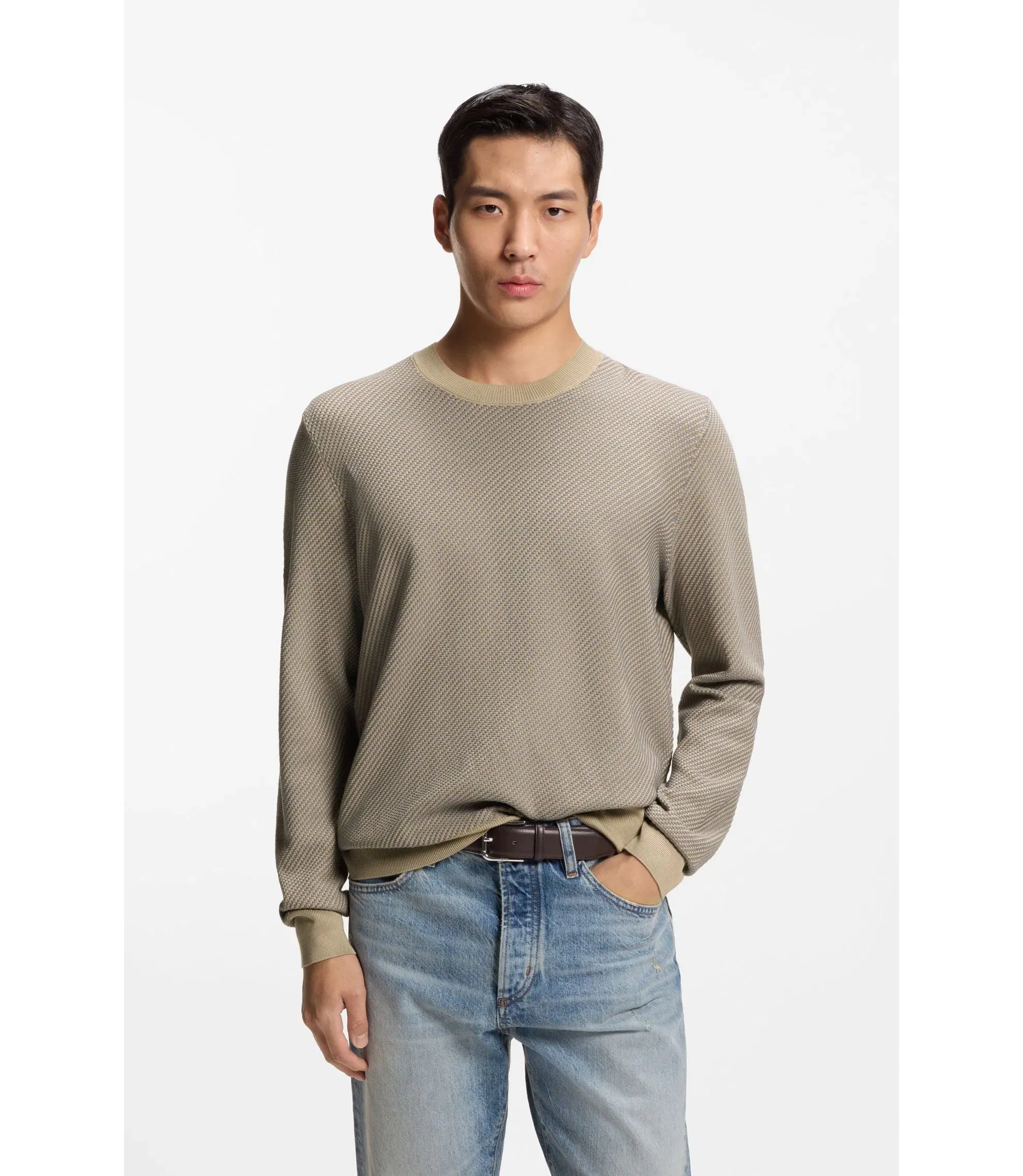 Boss Cotton Silk Sweater With Knitted Structure Khaki