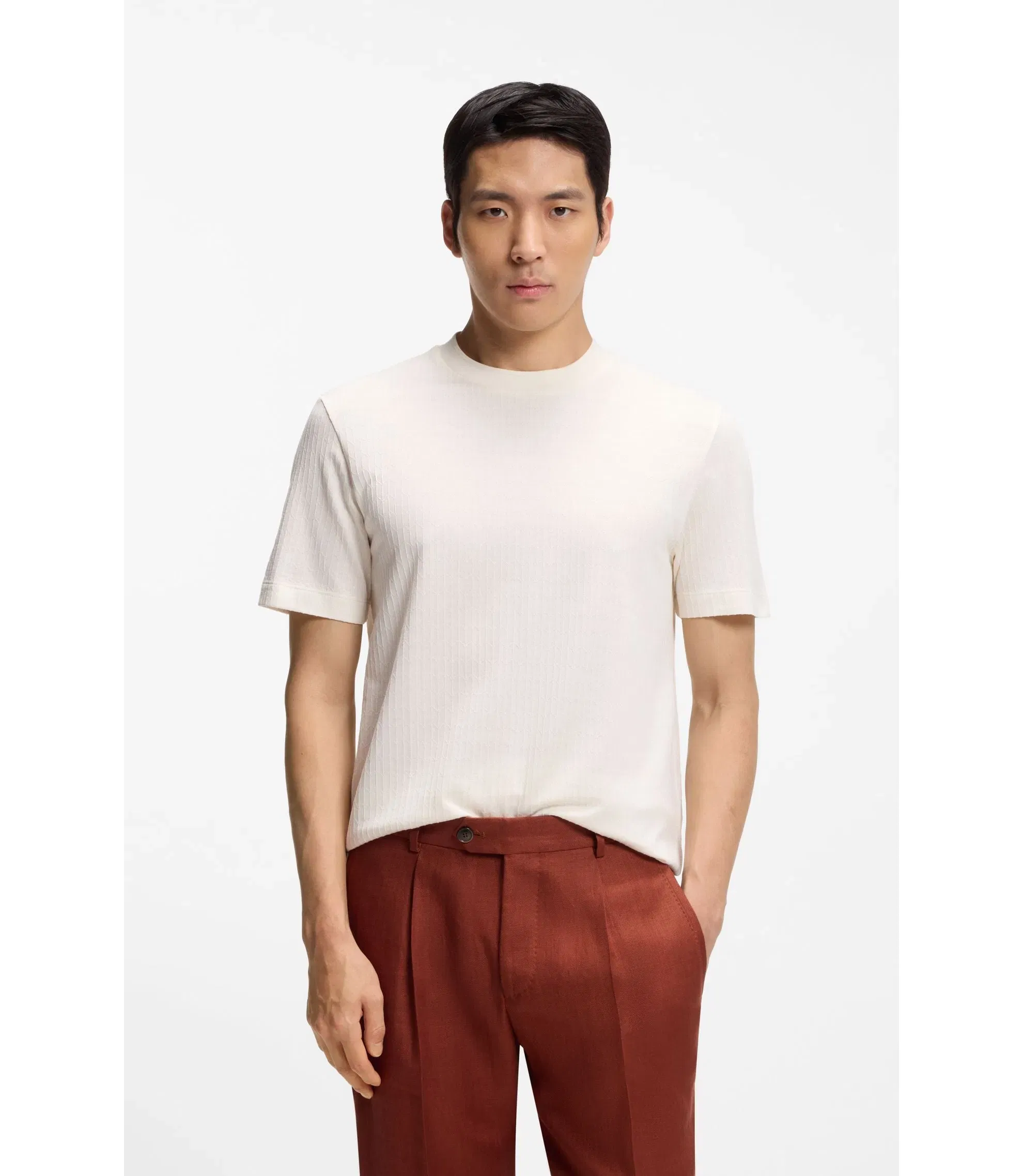 Boss Cotton Silk T-Shirt With Geometric Jacquard White