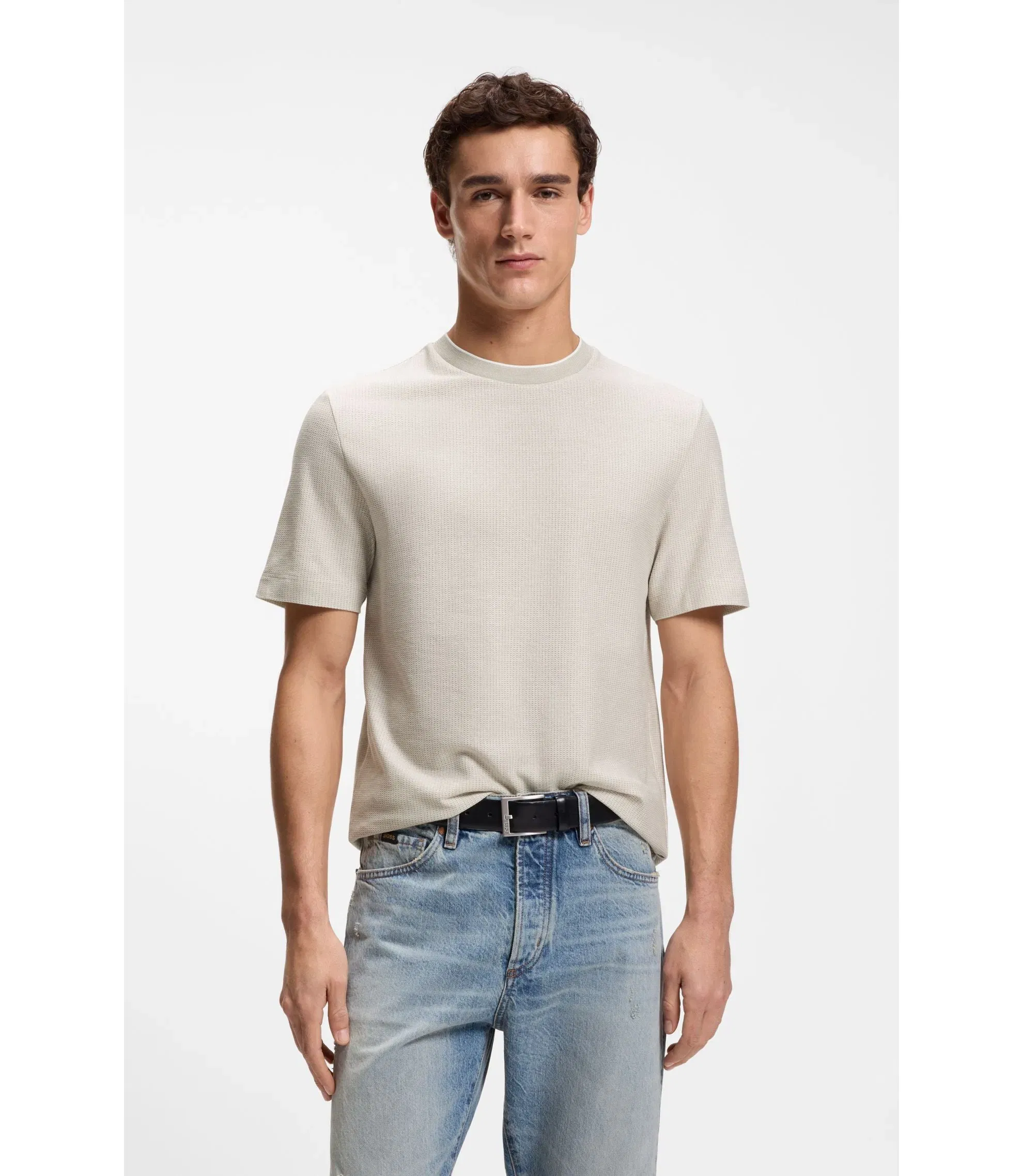 Boss Cotton Silk T-Shirt With Rich Structure Khaki