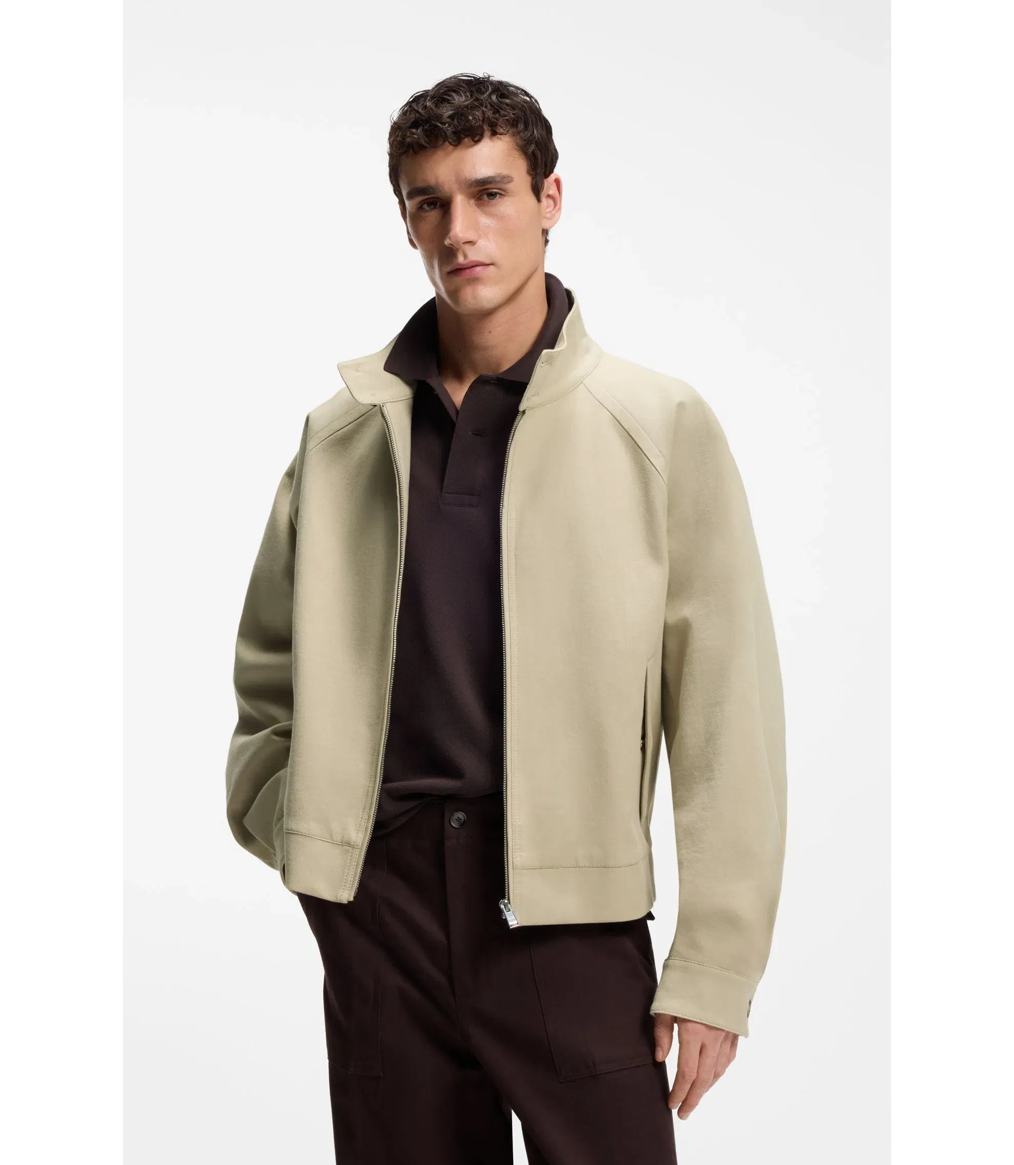 Boss Cotton Stretch Bomber Jacket With Zip Light Beige