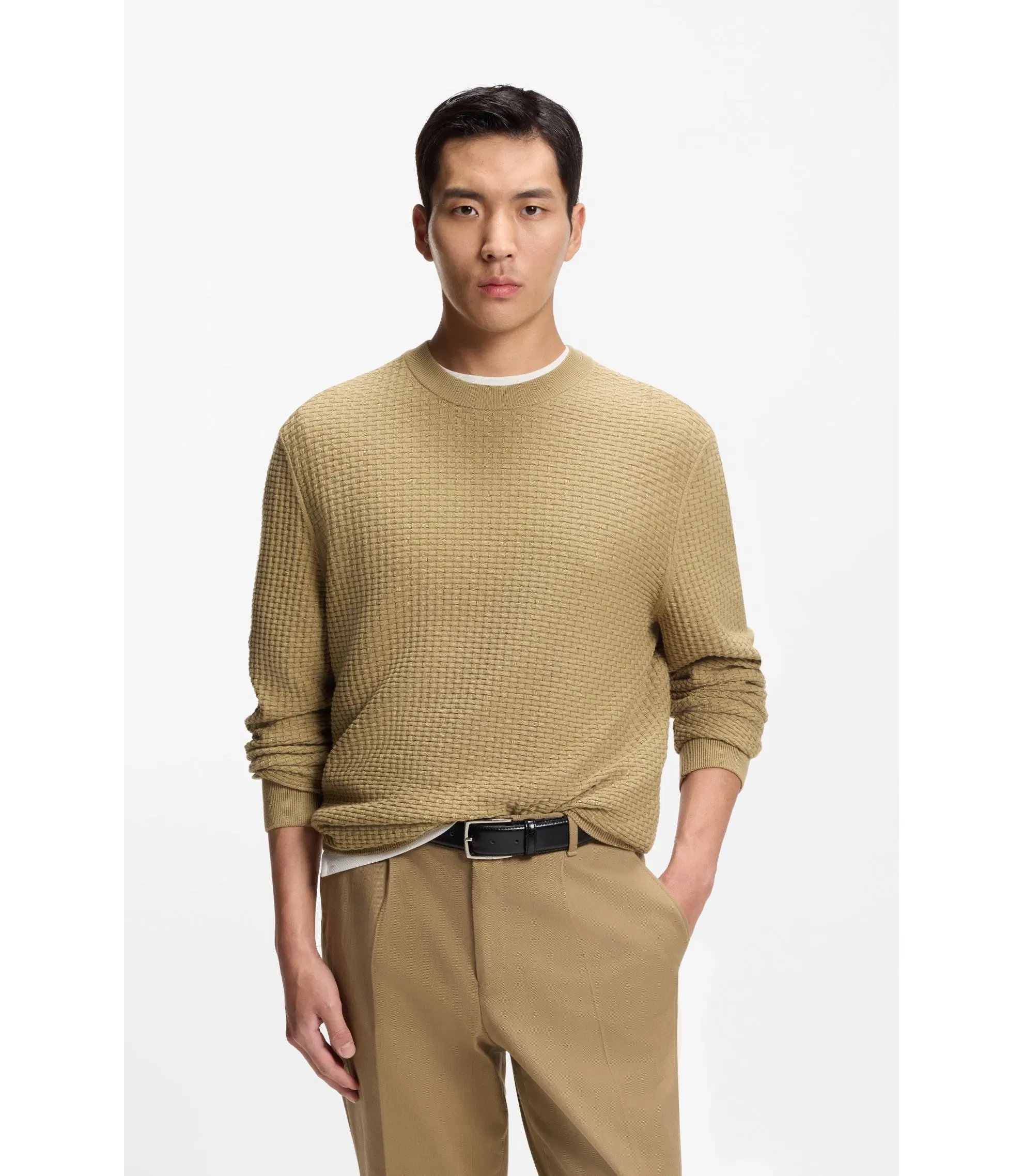 Boss Cotton Sweater With Knitted Structure Khaki