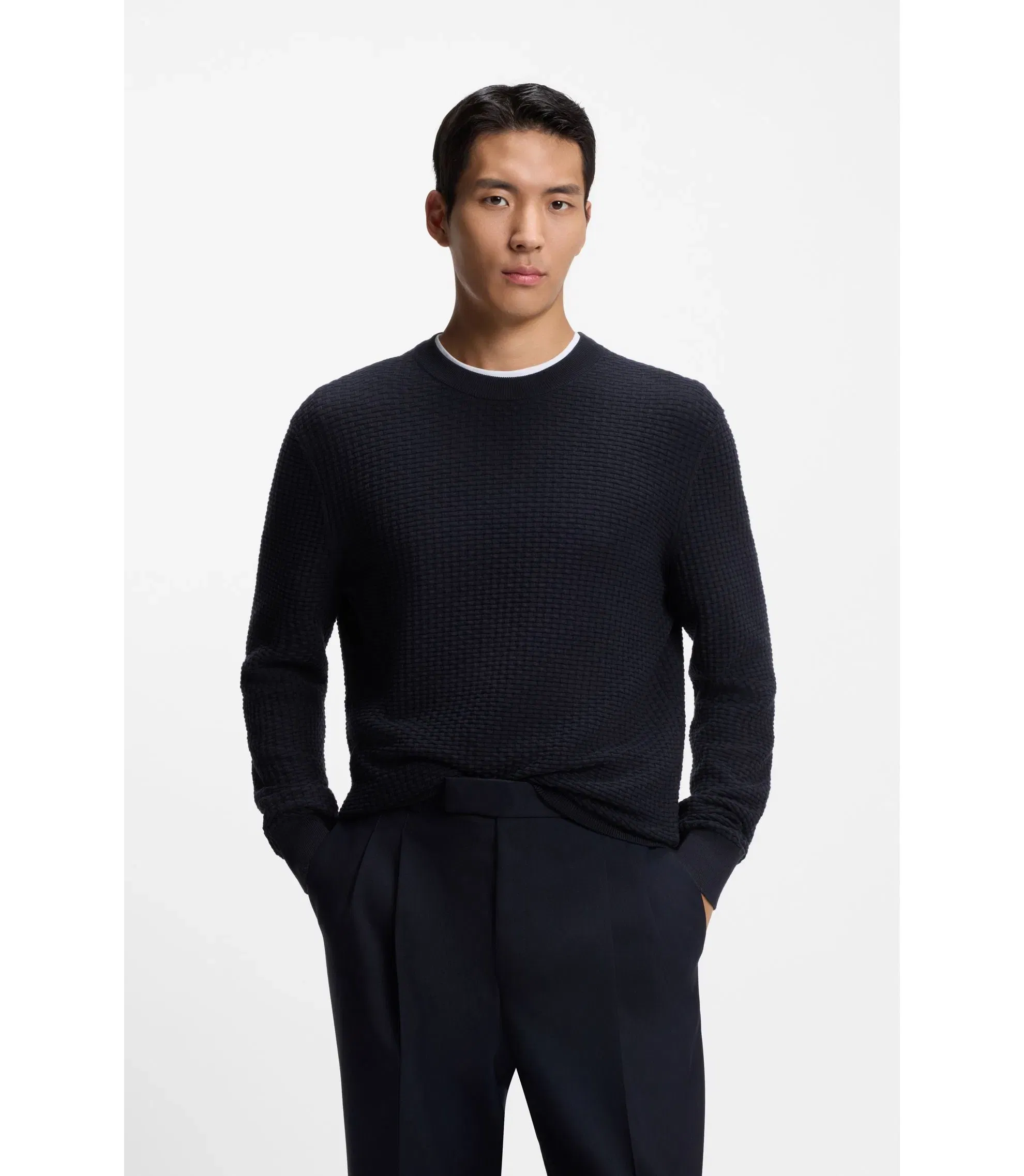 Boss Cotton Sweater With Knitted Structure Dark Blue