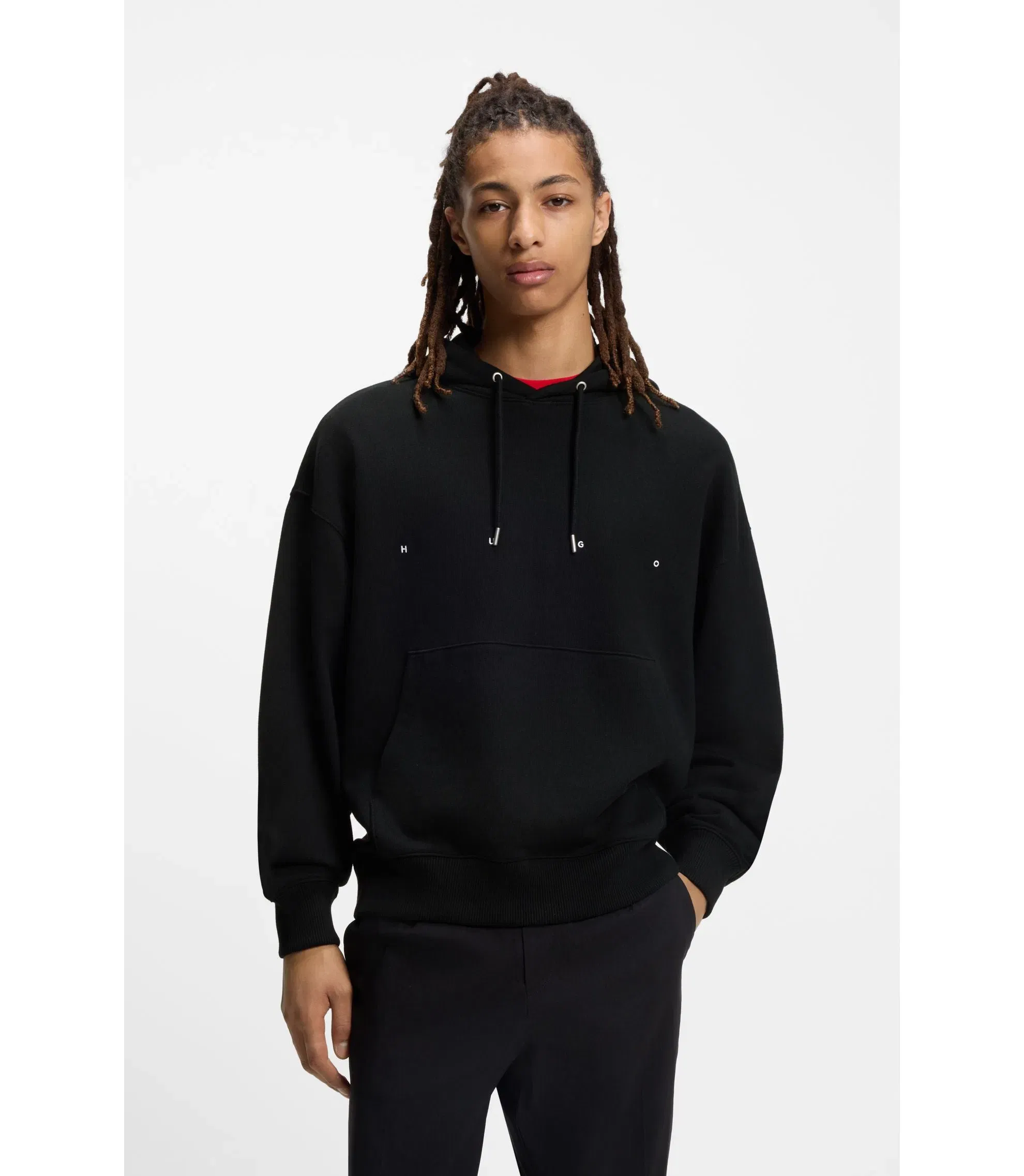 Hugo Cotton Terry Hoodie With Graphic Print And Embroidered Logo Black