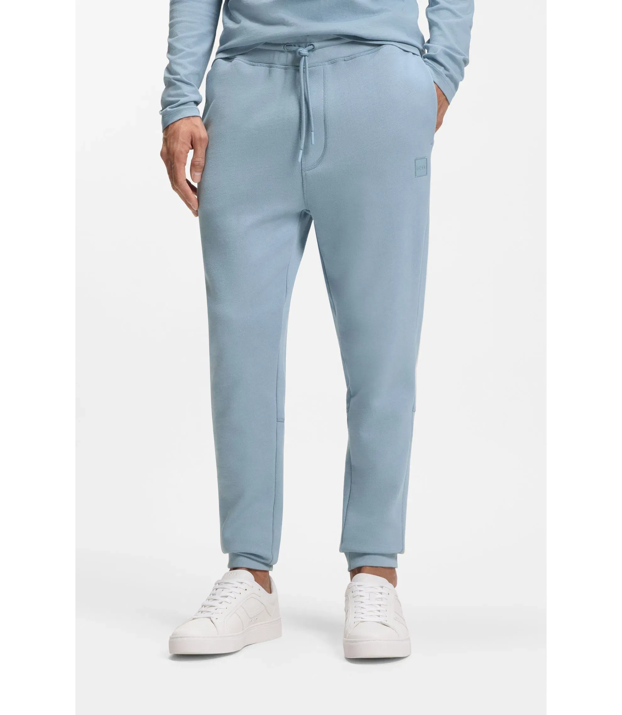 Boss Cotton Terry Sweatpants With Logo Patch Light Blue
