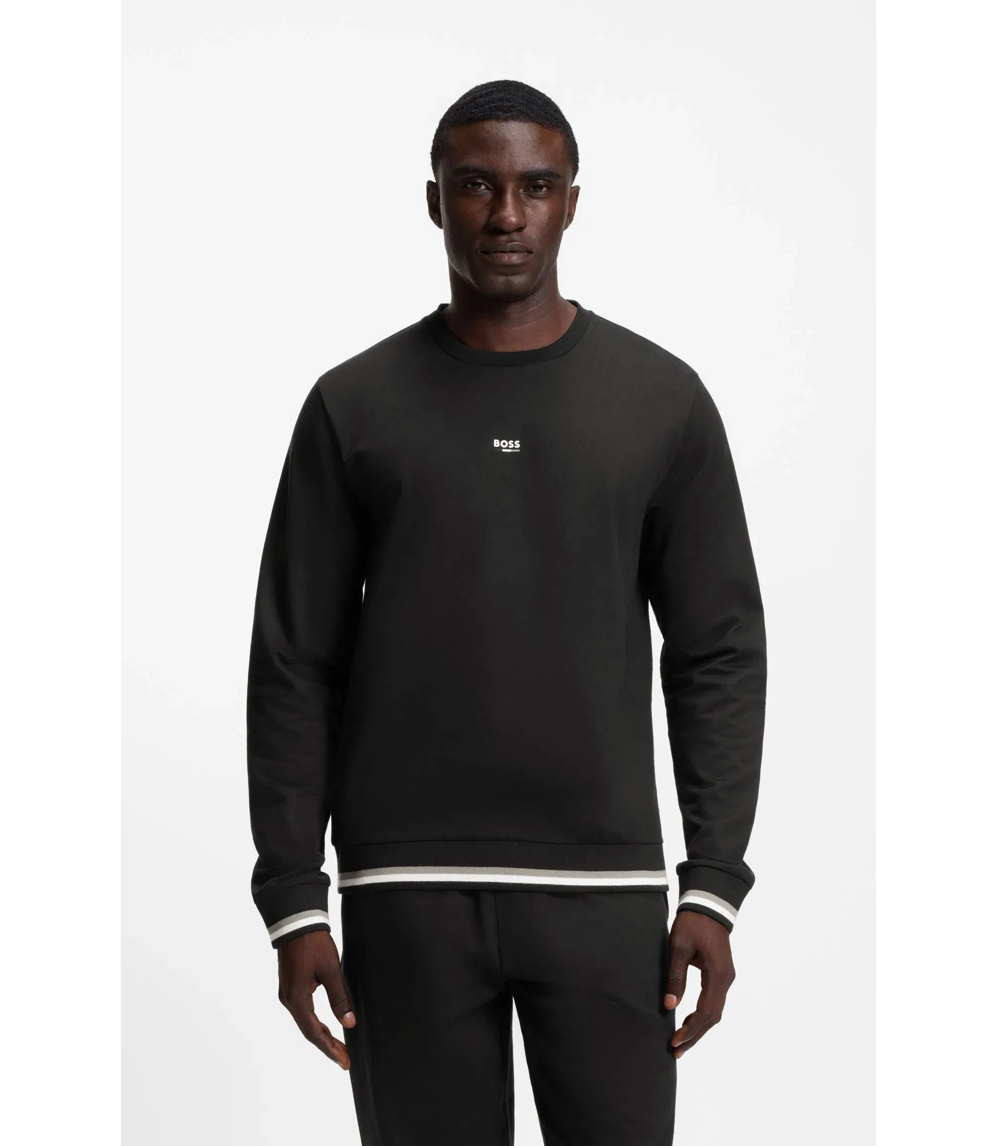 Boss Cotton Terry Sweatshirt With Logo And Signature Stripes Black