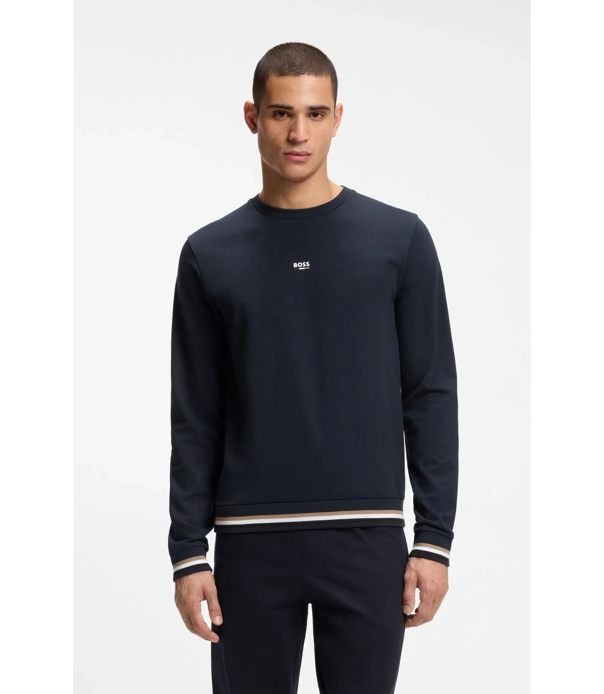 Boss Cotton Terry Sweatshirt With Logo And Signature Stripes Dark Blue