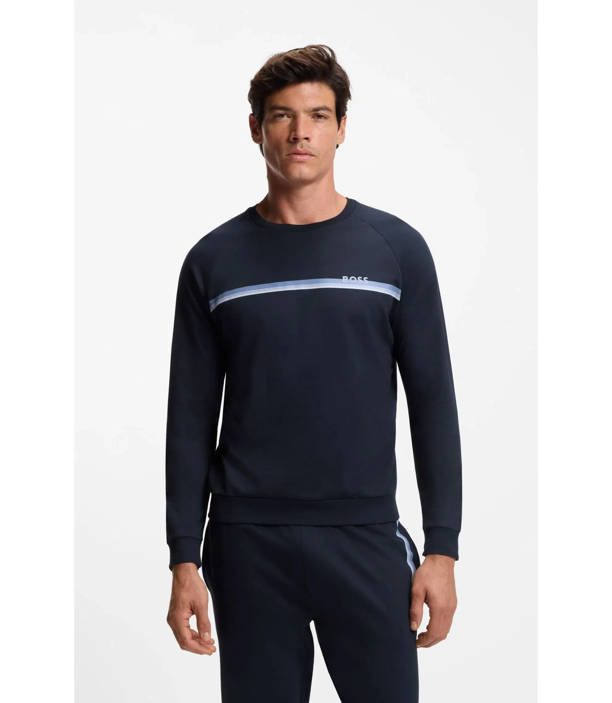 Boss Cotton Terry Sweatshirt With Logo And Stripe Dark Blue