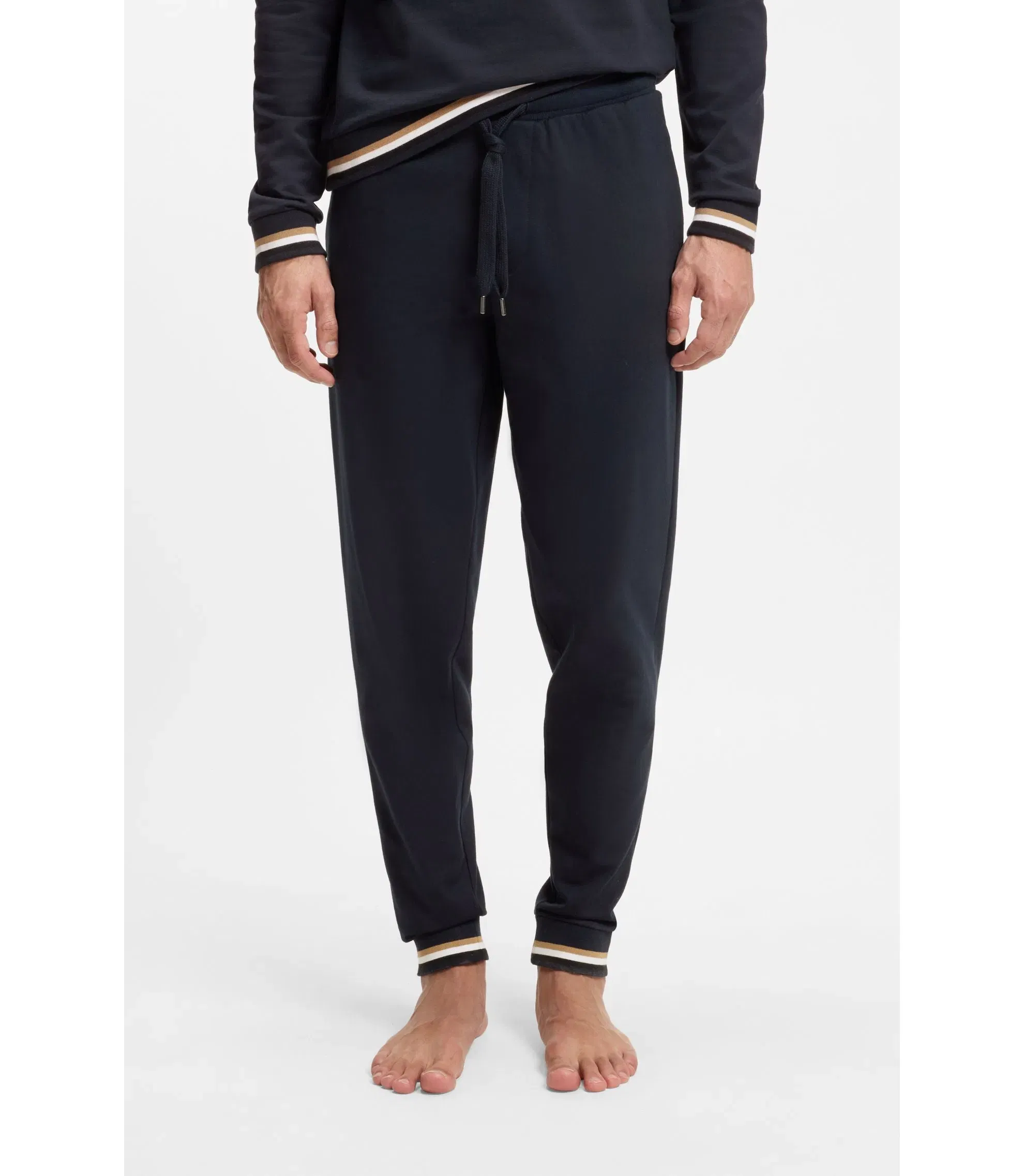 Boss Cotton Terry Tracksuit Bottoms With Signature Stripes And Logo Dark Blue
