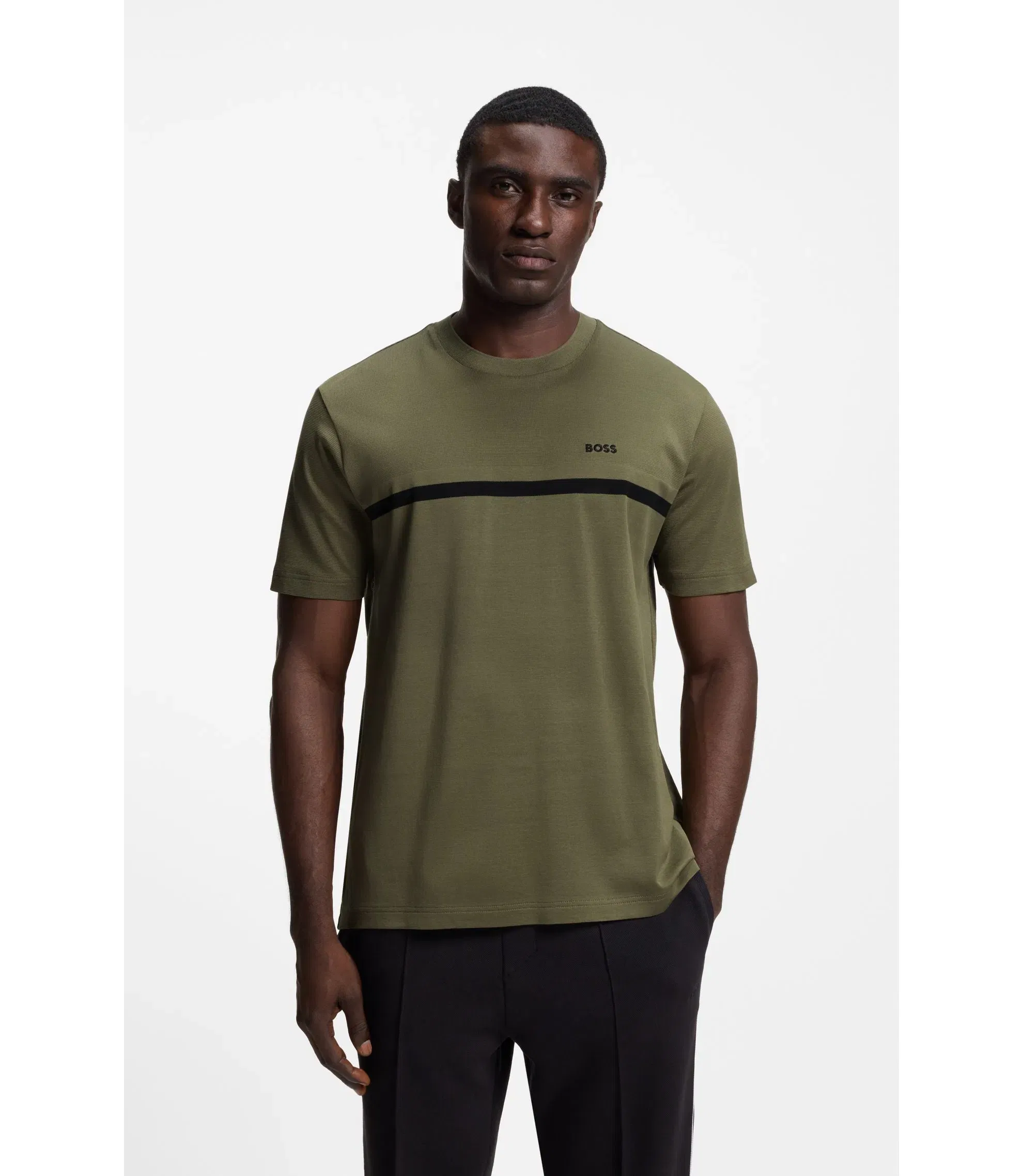 Boss Cotton T-Shirt With Logo And Stripe Khaki