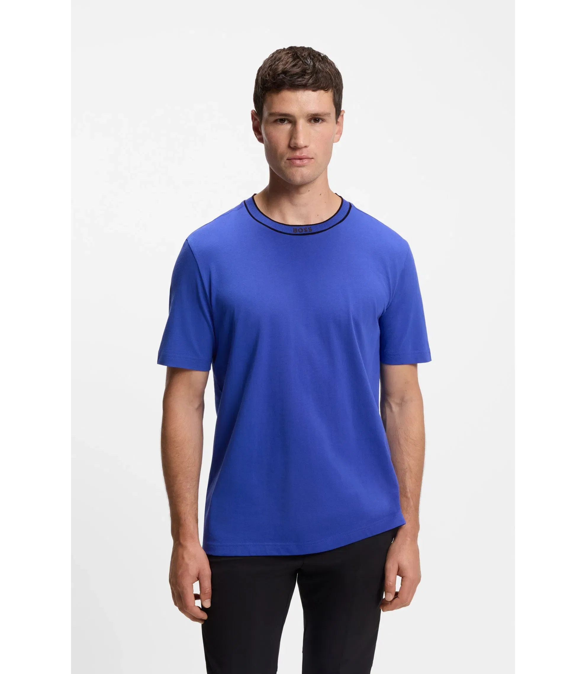Boss Cotton T-Shirt With Logo Crew Neck Blue